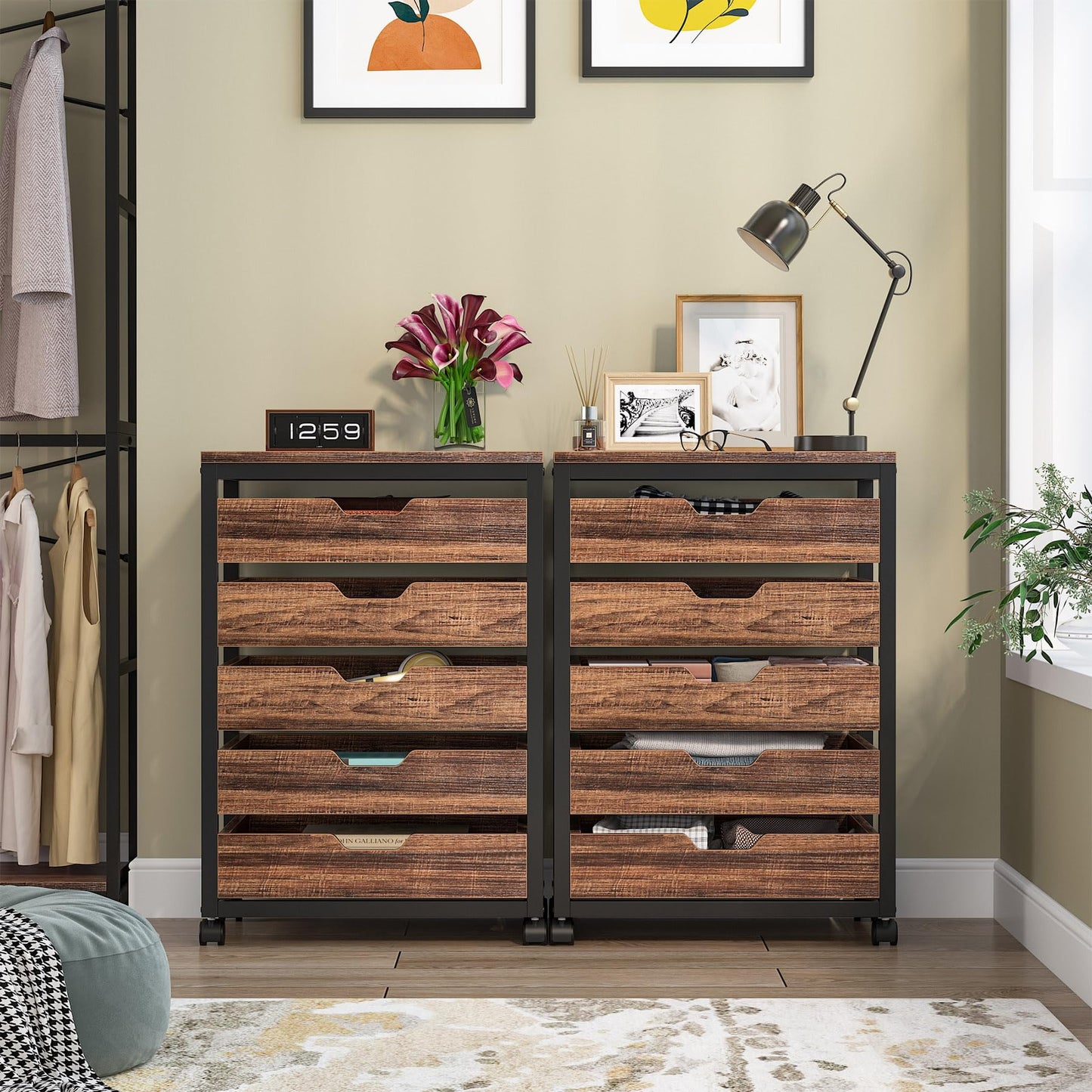 Tribesigns 5 Drawer Chest, Wood Storage Dresser Cabinet with Wheels, Industrial Storage Drawer Organizer Cart for Office Bedroom Entryway (Rustic Brown, 1 PC)