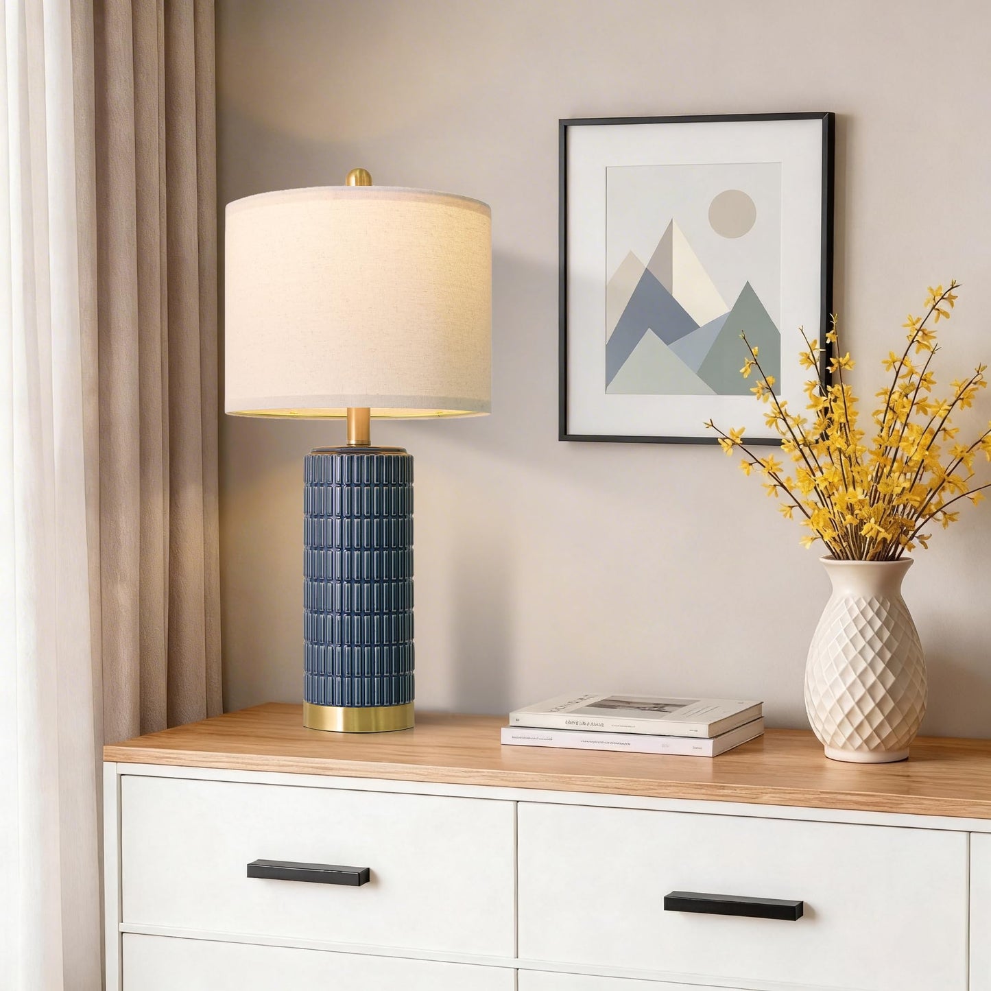 PoKat Small Bedside Table Lamps Set of 2 for Bedroom Living Room, 21.5'' Modern Ceramic Nightstand Lamps with Gold Base, Farmhouse Table Lamps for Office End Side Table Console, White and Beige