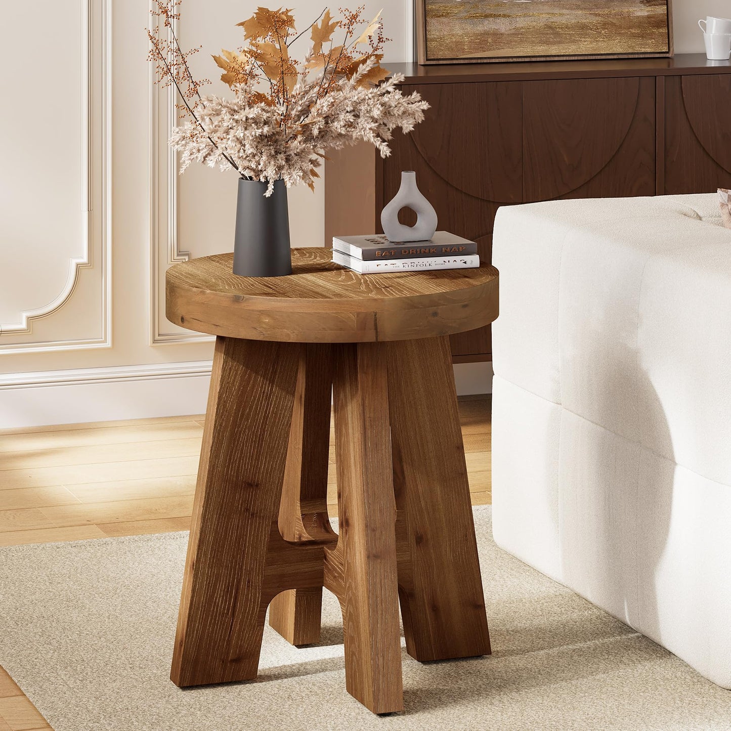 Set of 2 Round End Table, Farmhouse Solid Wood Side Table for Couch, Mid Century Modern Side Table with Heavy-Duty Leg, Wood Bedside Table for Bedroom, Small Spaces, Walnut