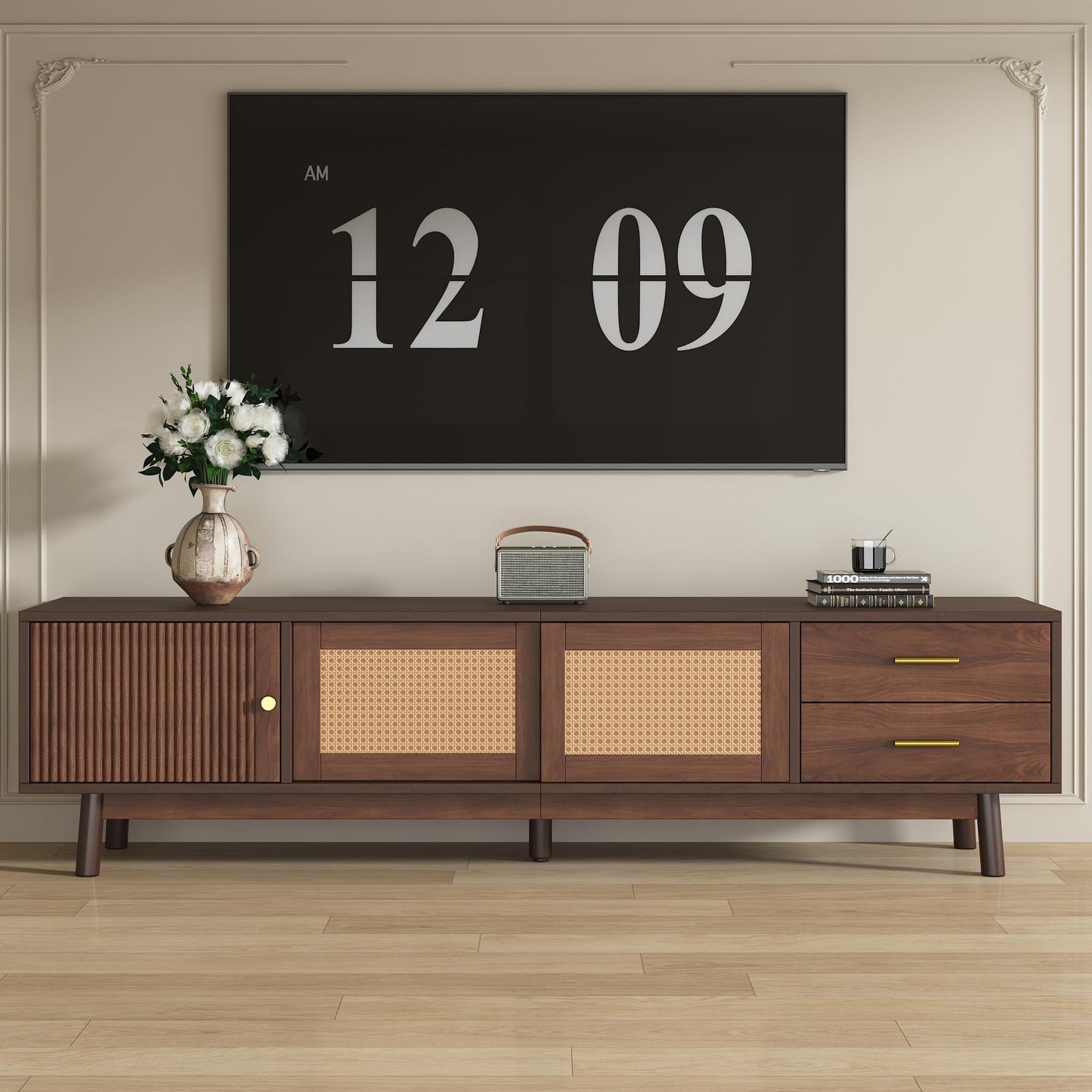 LKTART 67" Mid Century Modern TV Stand for 65/70/75/80" TVs,Entertainment Center with Sliding Doors and Drawers,Media Console for Living Room