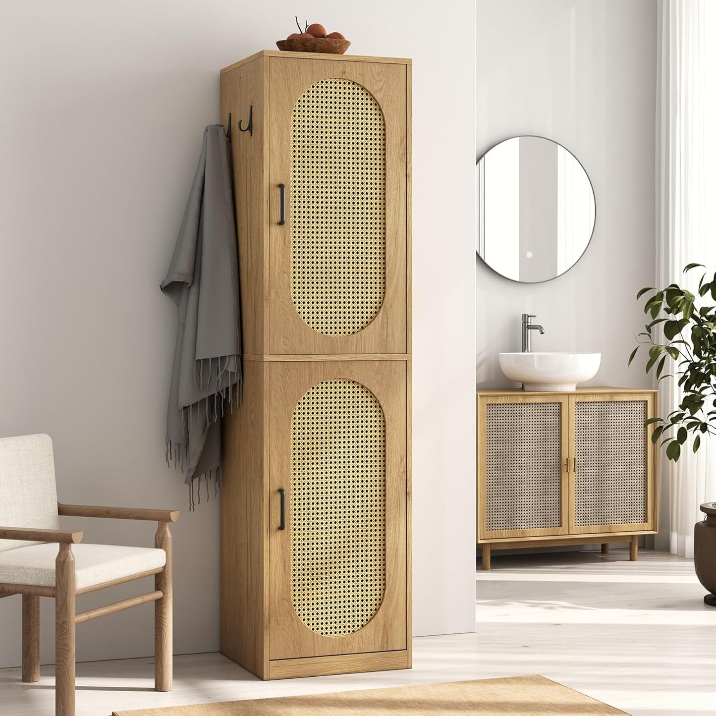 Epecoya Tall Bathroom Storage Cabinet with Rattan Doors for Toilet, 66-Inch Narrow Bath Room Organizer Space-Saving Floor Cabinets with Adjustable Shelves and 4 Hooks for Restroom, Small Spaces, Brown