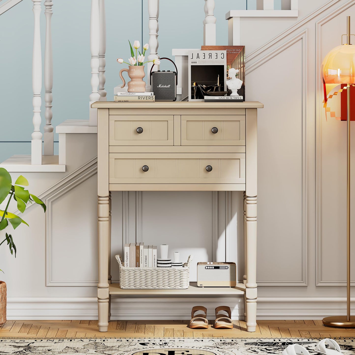 LKTART Small Solid Wood Sofa Table,Console Table with Drawers and Bottom Shelf, Entryway Hallway Foyer Entry Table for Living Room(23.7" Natural)