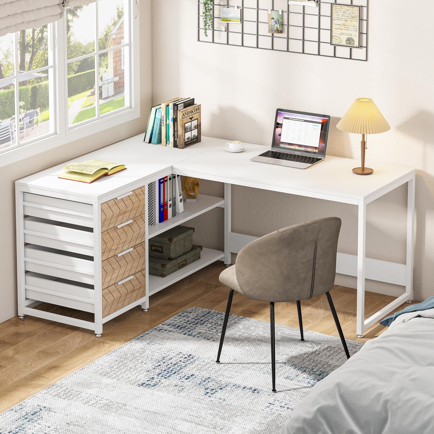Tribesigns L Shaped Computer Desk with Storage Drawers, 59 inch Corner Desk with Shelves, Reversible L-Shaped Office Desk Study Writing Table Workstation for Home Office, Walnut & White