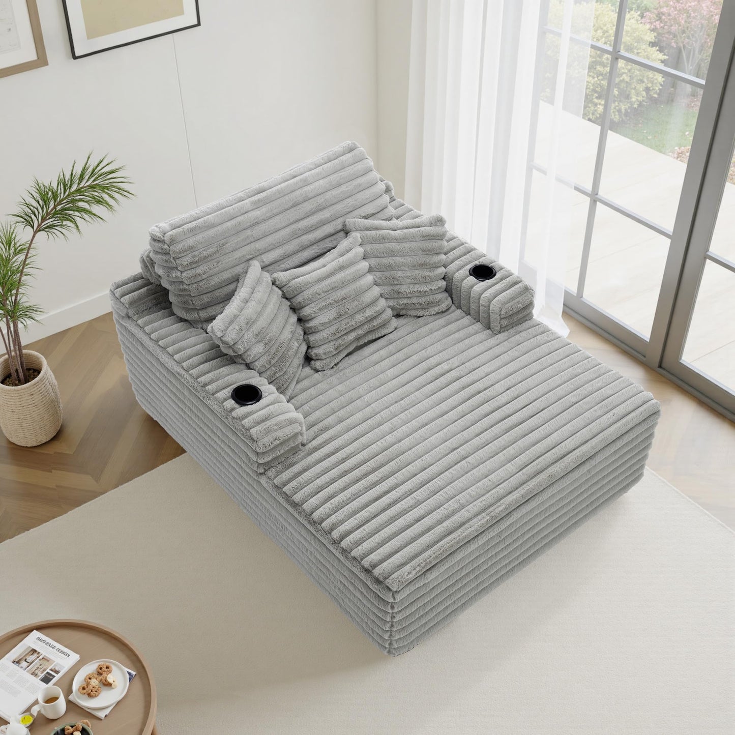 59" Chaise Lounge Chair Indoor, Upholstered Oversized Sleeper Sofa Bed Reading Chairs with 3 Soft Pillows & 2 Cup Holders, Comfy Cloud Deep Seat Sofa for Living Room Bedroom, Set of 2, Navy