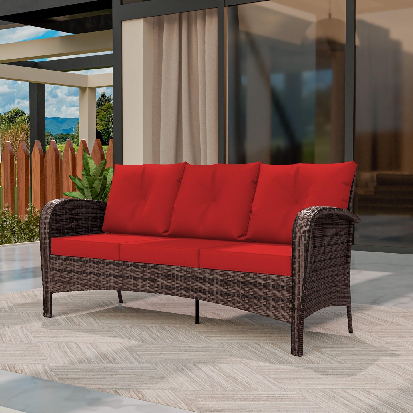 4 Piece Patio Conversation Set - 2 Swivel Chairs 1 Coffee Table 3-Seater Sofa, PE Wicker & Steel Patio Furniture with Heavy-Duty Steel Frame,Weatherproof Cushions, Red