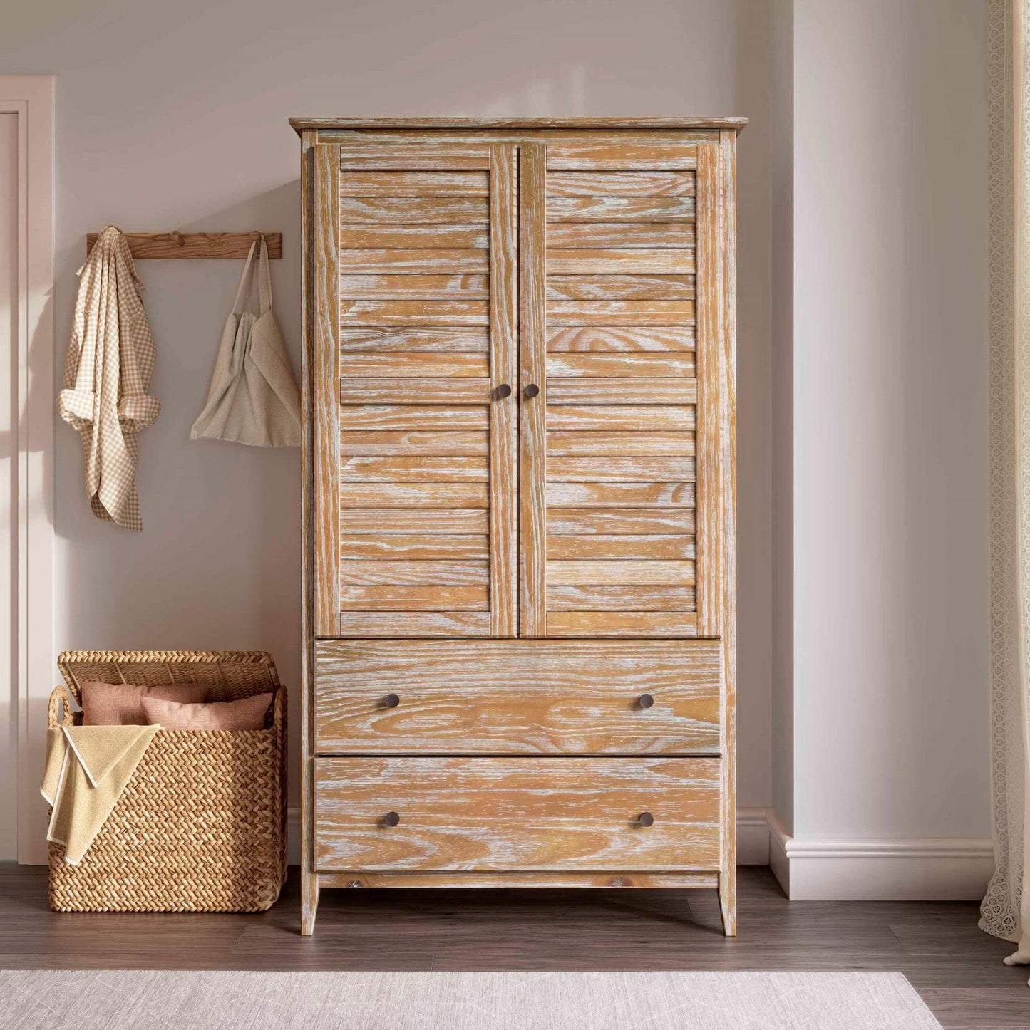 Grain Wood Furniture Greenport 2-Door Wardrobe, Solid Wood with a Brushed Walnut Finish