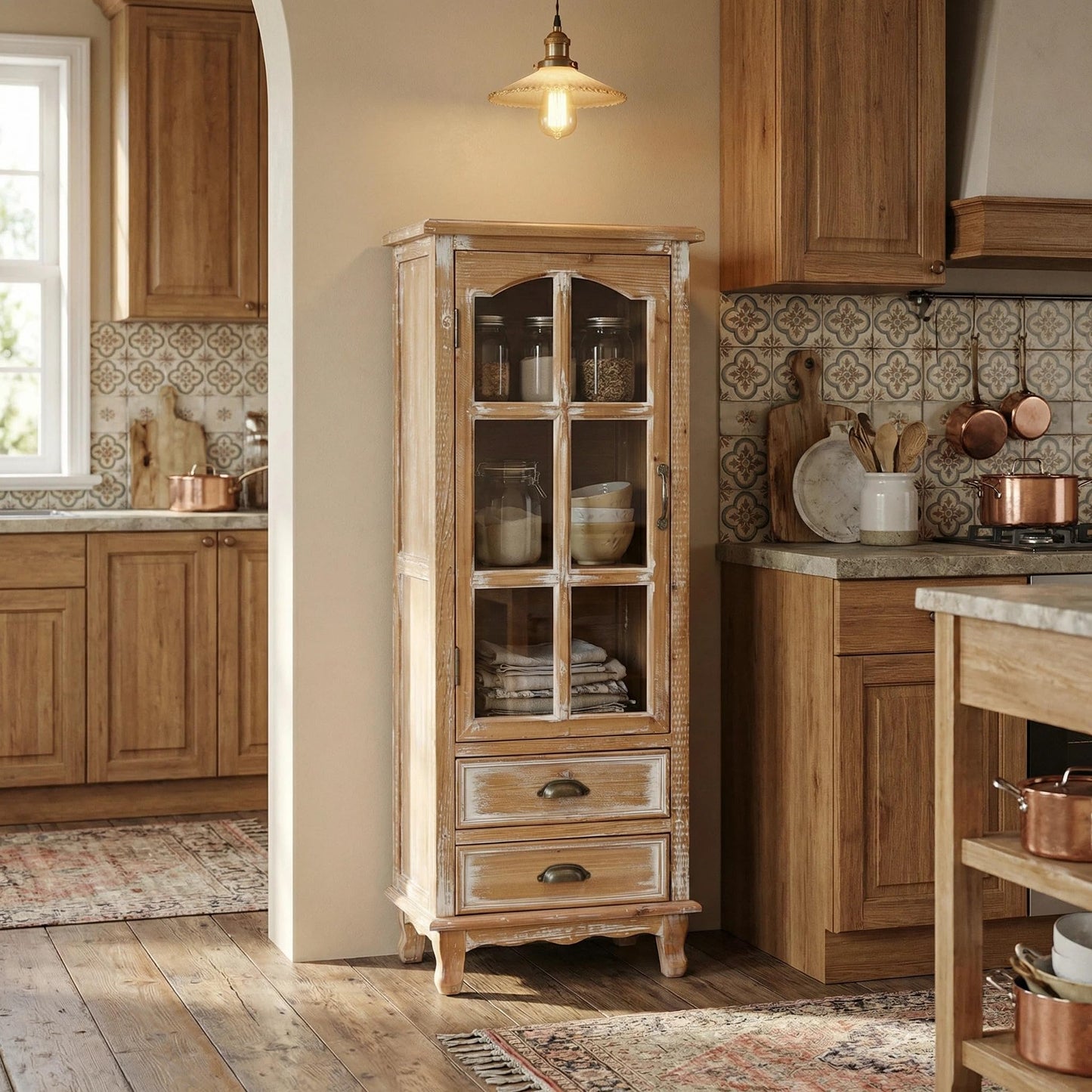 LKTART KTART 55'' Tall Kitchen Pantry Cupboard Storage Cabinet with Shelves & Drawer,French Country Accent Cabinet with Embossed Floral Metal Doors and Solid Wood Frame,Natural Wood