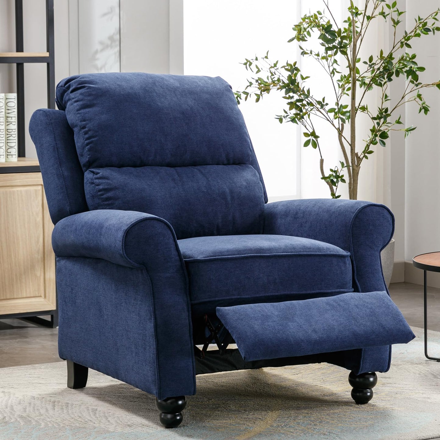 IOMOR Push Back Recliner Chair Faux Leather Lounge Armchair with Rivet Decoration Wingback Single Sofa Chair with Padded Seat Solid Wood Legs for Living Room, Comfy Upholstered, Red Brown