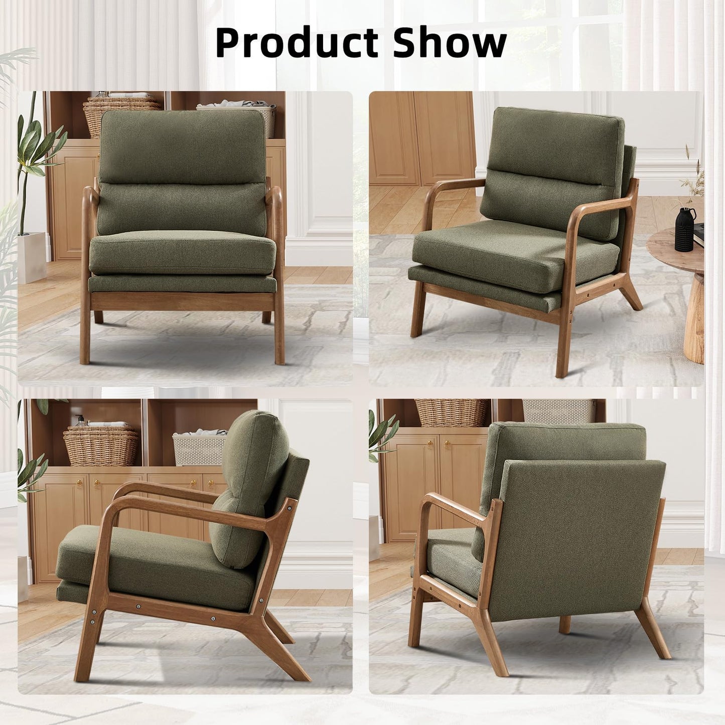 IOMOR Mid Century Modern Accent Chair with Solid Wood Frame Linen Fabric, Upholstered Living Room Chairs with Lumbar Cushion Padded Arms, Reading Armchair for Bedroom (1, Warm Beige)