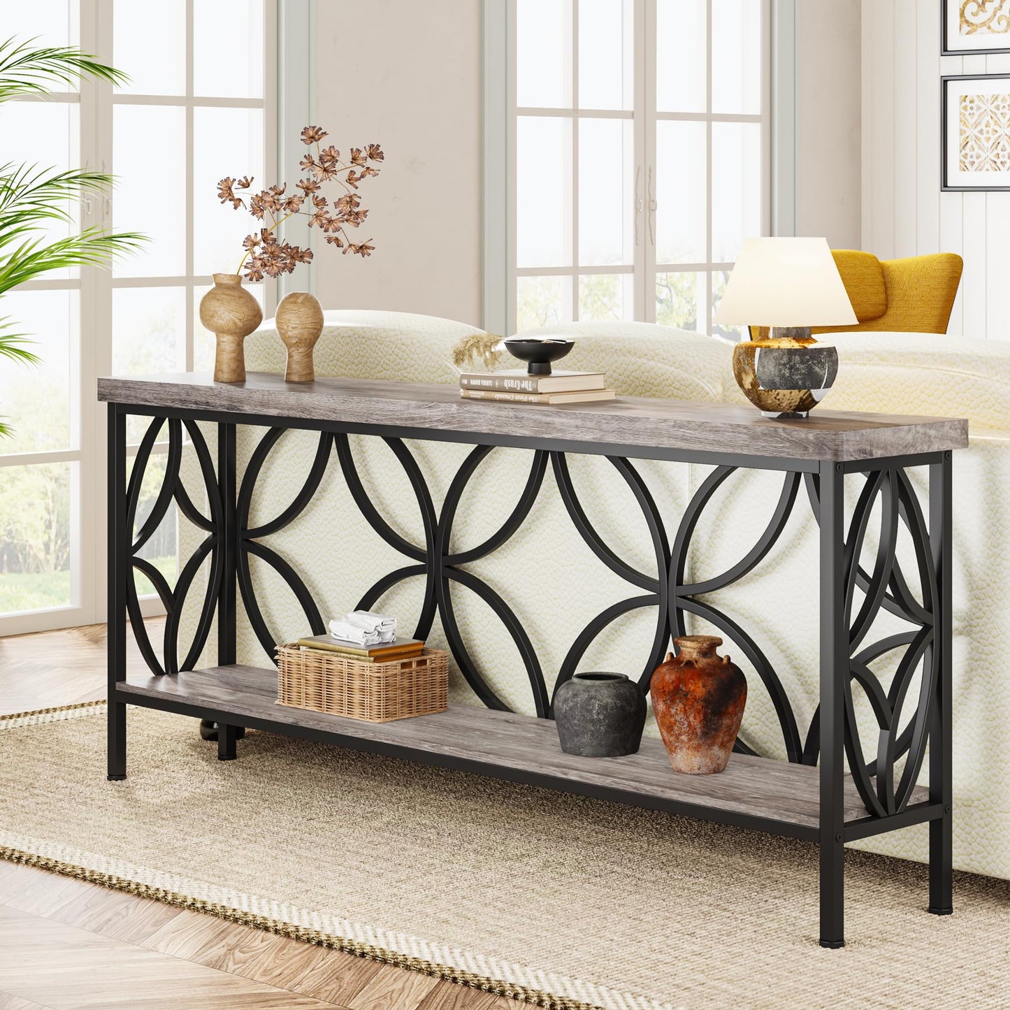 Tribesigns 70.9-Inch Narrow Sofa Table, Industrial Long Sofa Table Behind Couch, Entry Console Table with Storage for Entryway, Living Room, Foyer, Unique Design, Rustic Brown