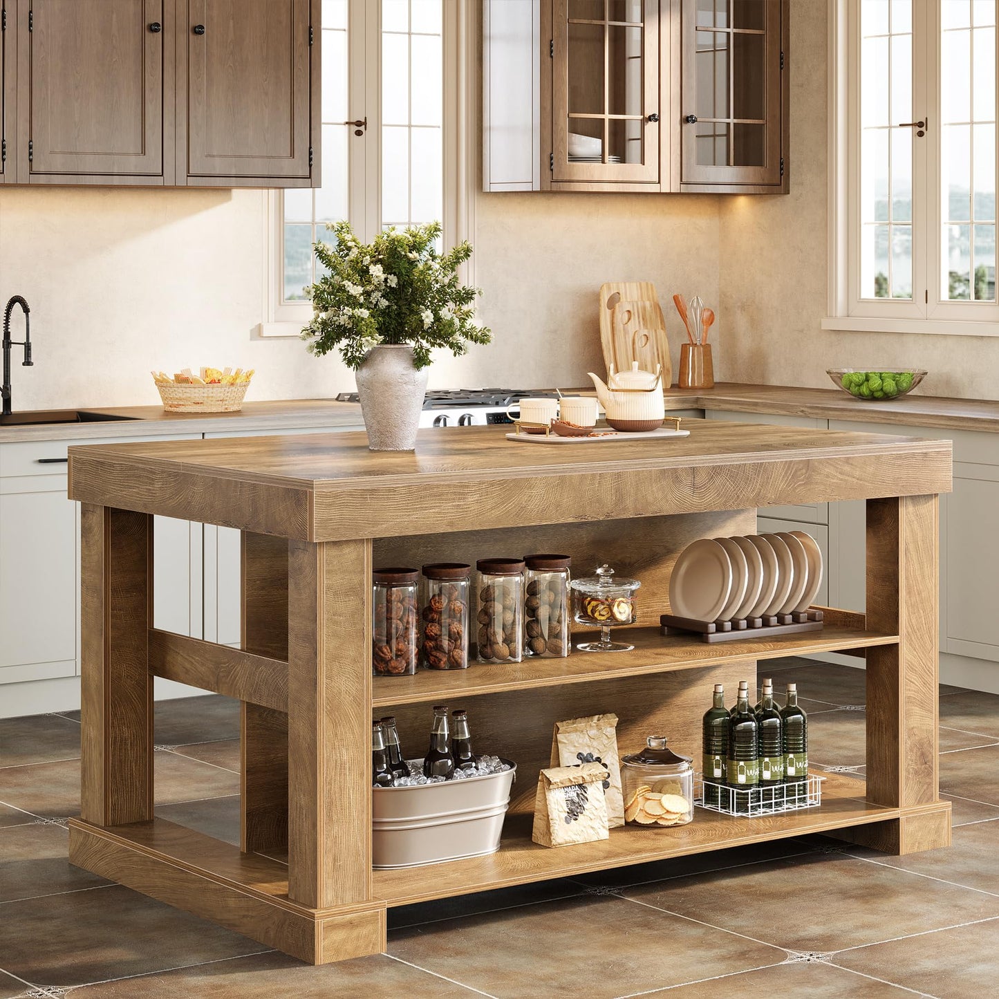 Tribesigns 55" Kitchen Island with Seating and Storage, 3-Tier Farmhouse Wood Stationary Island Table with Large Worktop & Leg Room, Coffee Bar Table with Storage Shelves for Kitchen, White and Brown