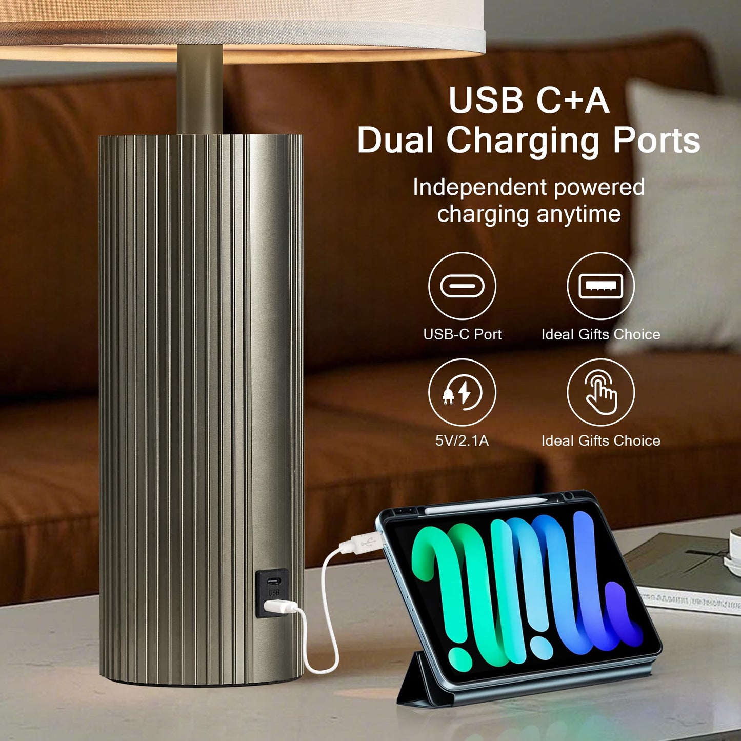 24.5" Black Lamps Set of 2, Modern Table Lamps for Living Room with USB C+A Ports, Creative Stripe Touch Lamps for Nightstand, 2 Bulbs Included