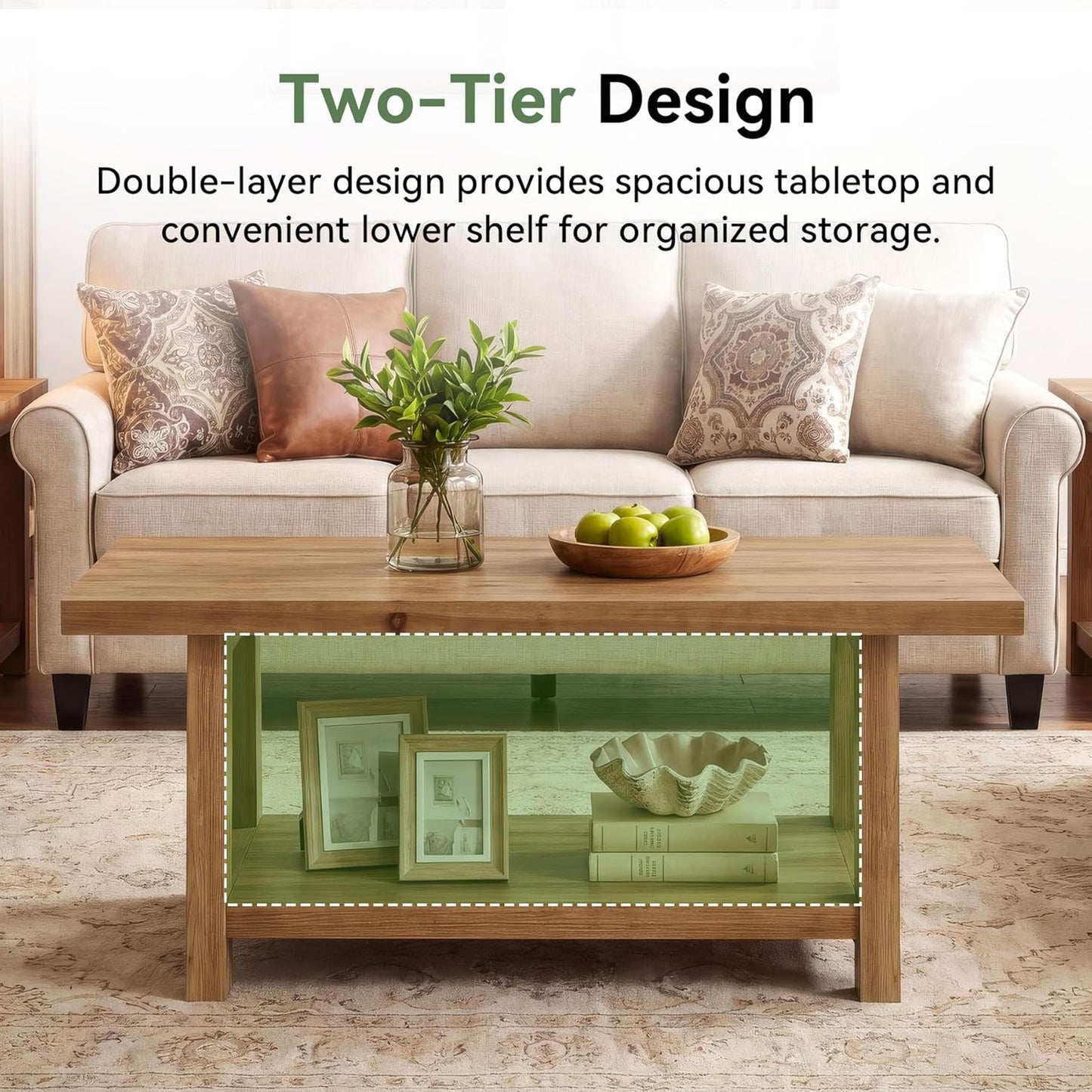 Rustic Solid Wood Coffee Table, 2-Tier Rectangle Accent Center Table with Lower Storage Shelf, Farmhouse Simple Cocktail Tea Tables with Sturdy Legs for Living Room, Brown