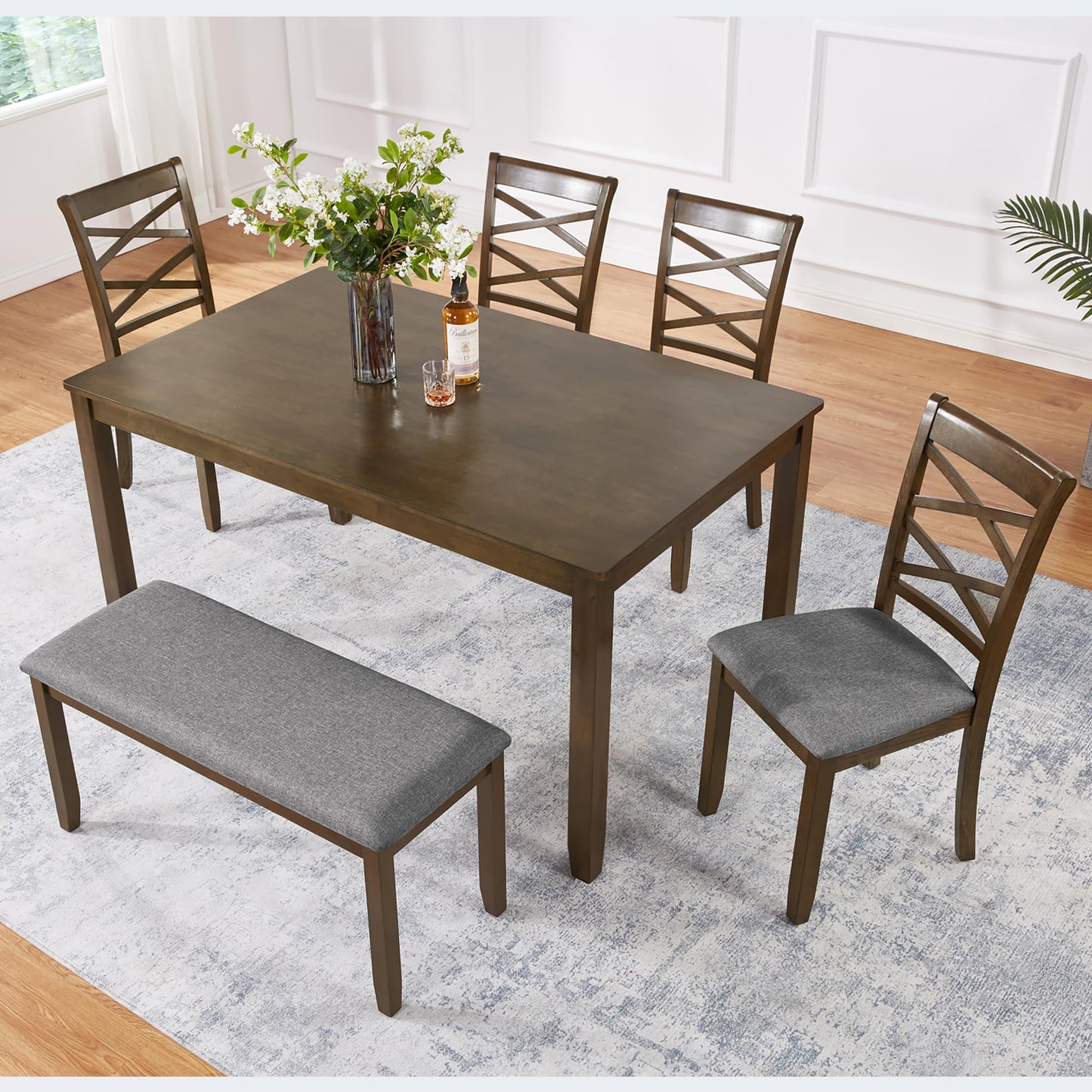 LKTART 6 Piece Kitchen Dining Set, 58.5" Rectangular Wooden Dinner Table with 4 Upholstered Chairs and a Bench for Living Room, Home Bar and Kitchen, Walnut