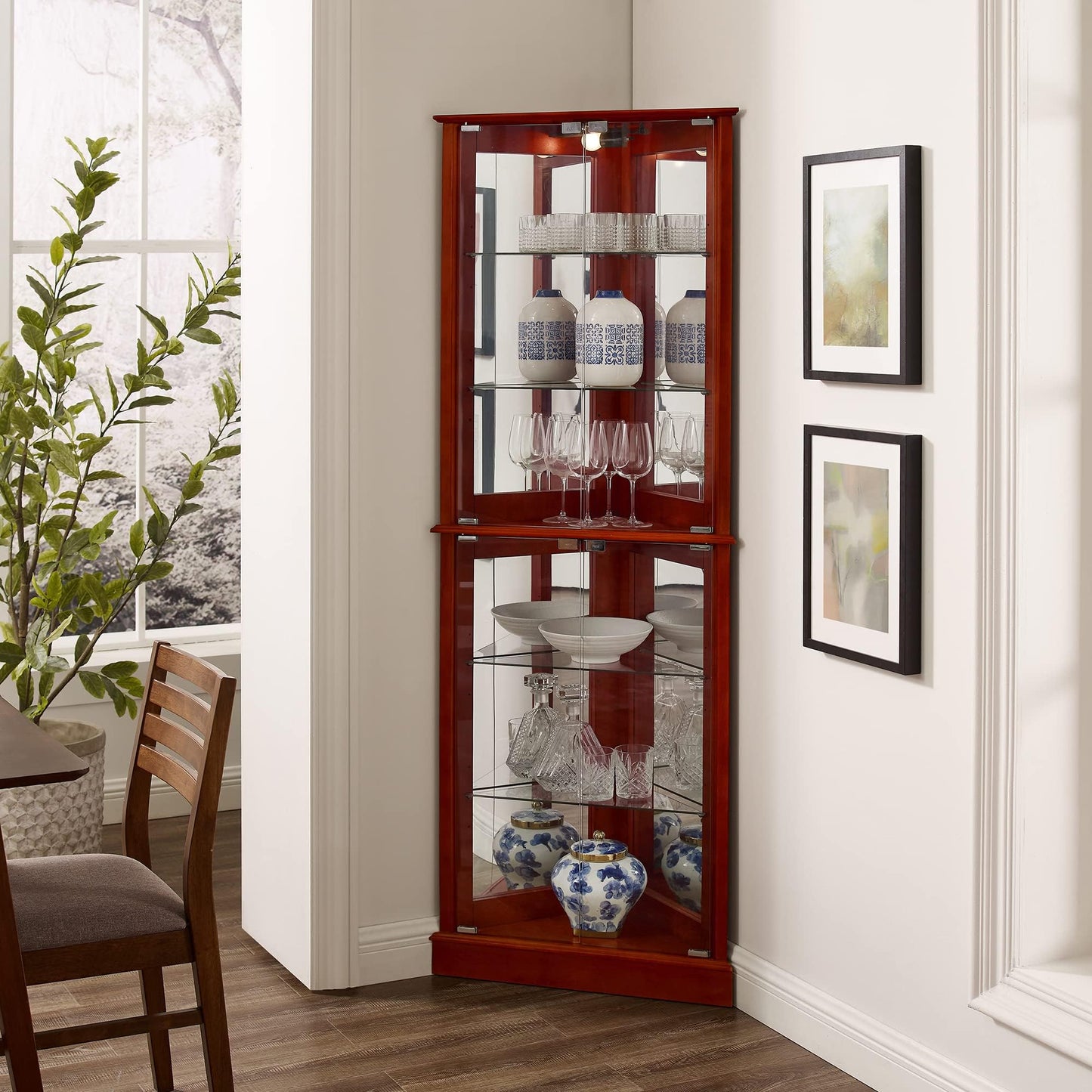 LKTART Corner Storage Cabinet,Glass Display Cabinet with Lights,Corner Curio Cabinet with Tempered Glass Doors and Shelves(70.5" T x15.4 D x 21.7" W Walnut)