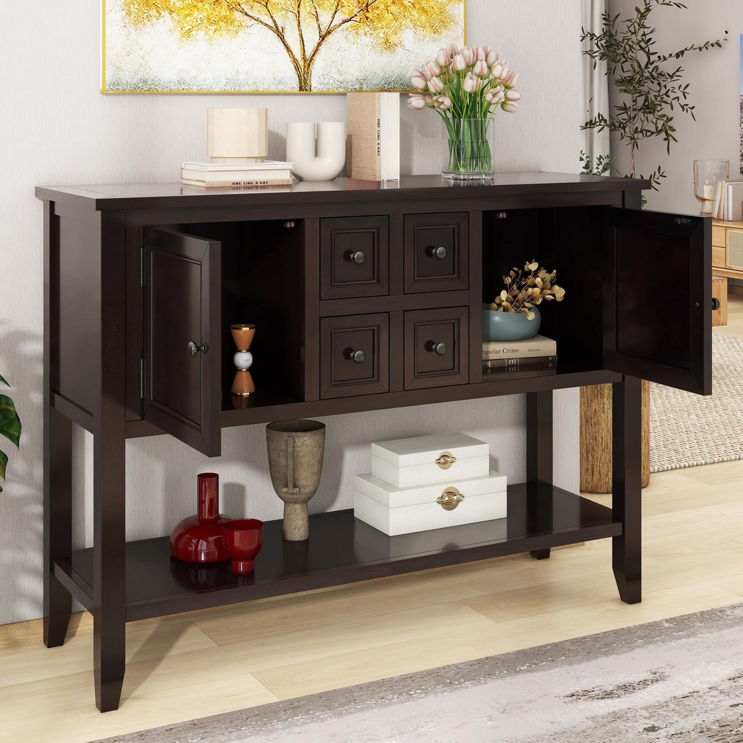 LKTART Farmhouse Sideboard Buffet Cabinet,Solid Wood Sideboard with Storage Drawers and Bottom Shelf,Coffee Bar for Entryway Hallway Foyer,Easy Assembled (46.5" Brown