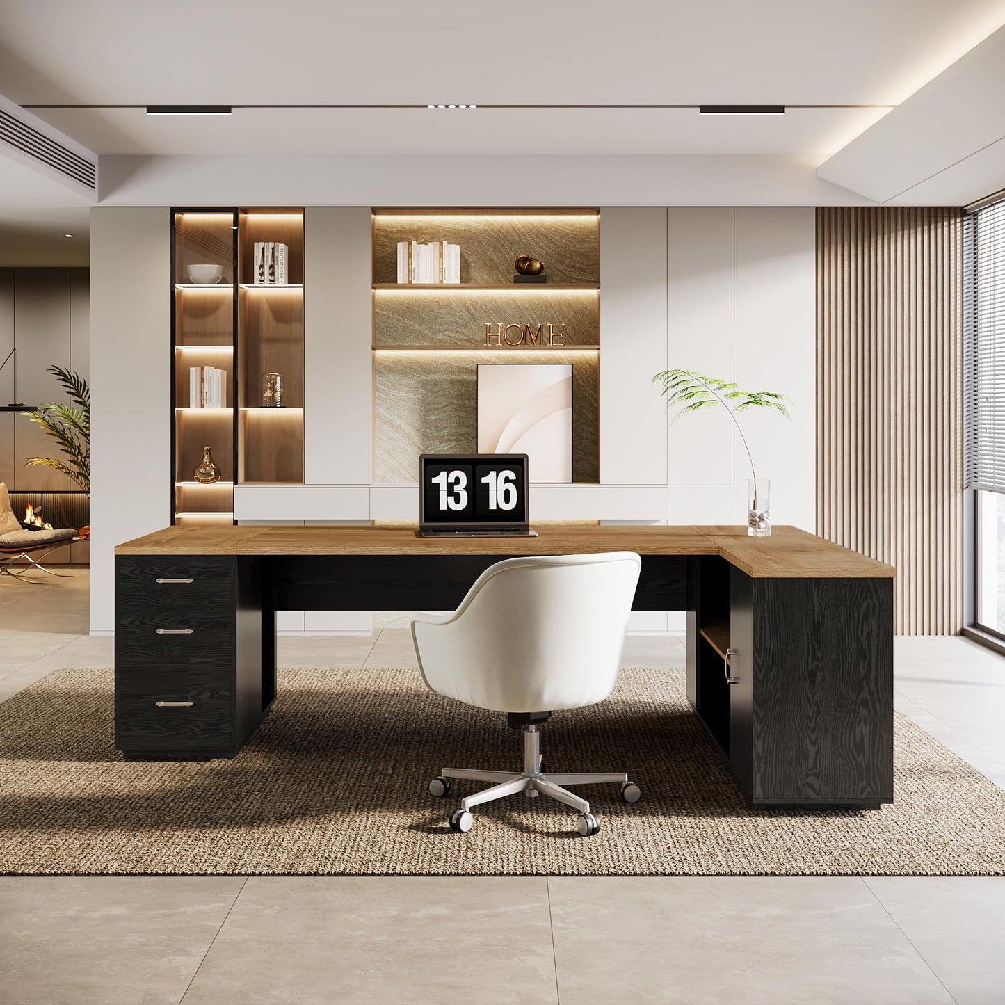 Tribesigns 85.8-Inch L-Shaped Executive Office Desk with File Drawers & Storage Cabinet, Professional Corner Computer Desk Extra Large Business Workstation with Adjustable Shelves (White&Walnut)