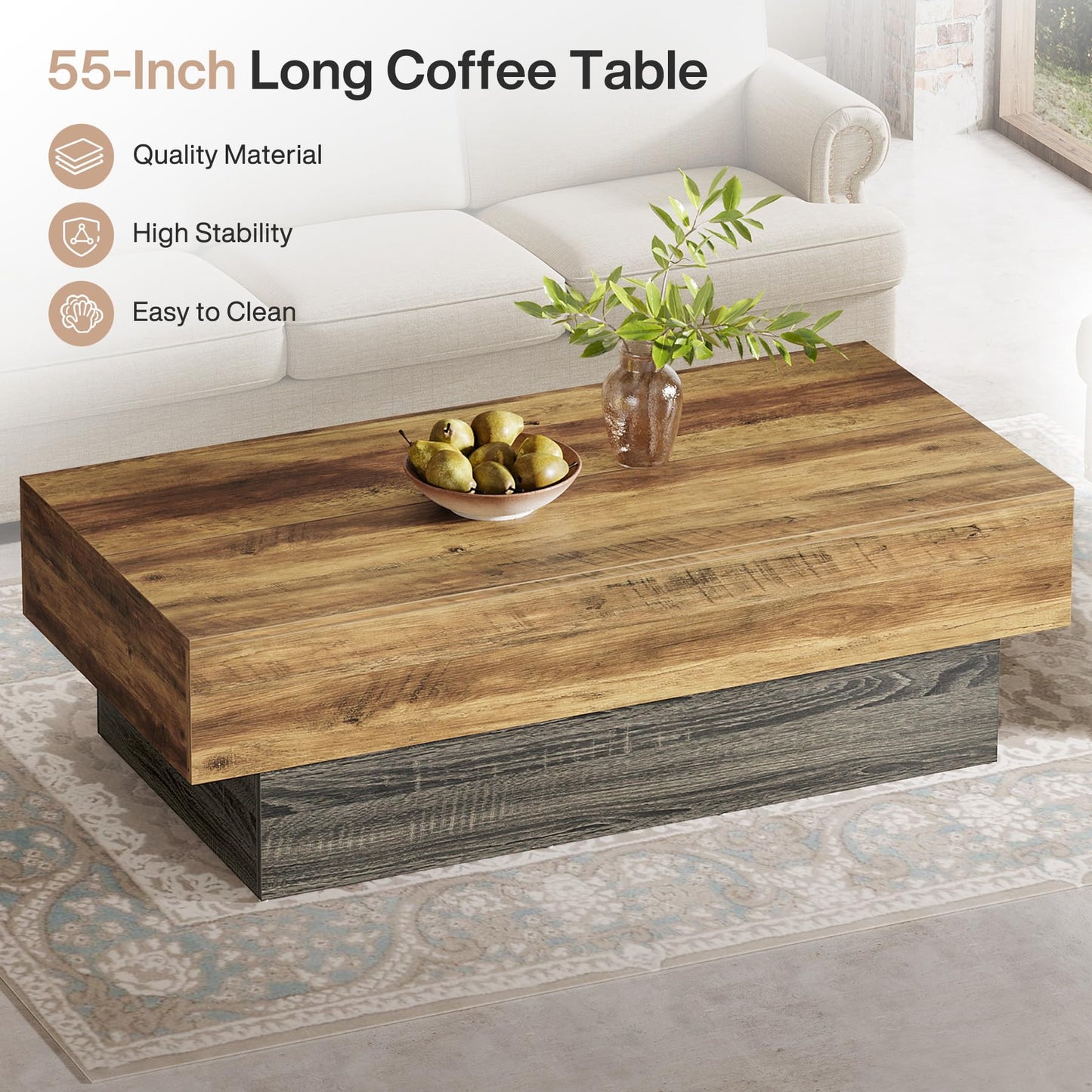Tribesigns Modern Black Coffee Table, 55-Inch Rectangle Wooden Tea Table, Large Center Table for Living Room, Reception Room