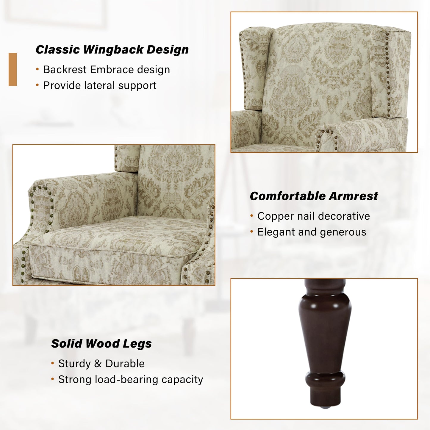 Floral Wingback Accent Chair, High Back Upholstered Armchair, Comfy Fabric Wingback Arms Chairs with Solid Wood Legs, Single Sofa Reading Chair for Bedroom Living Room, Beige