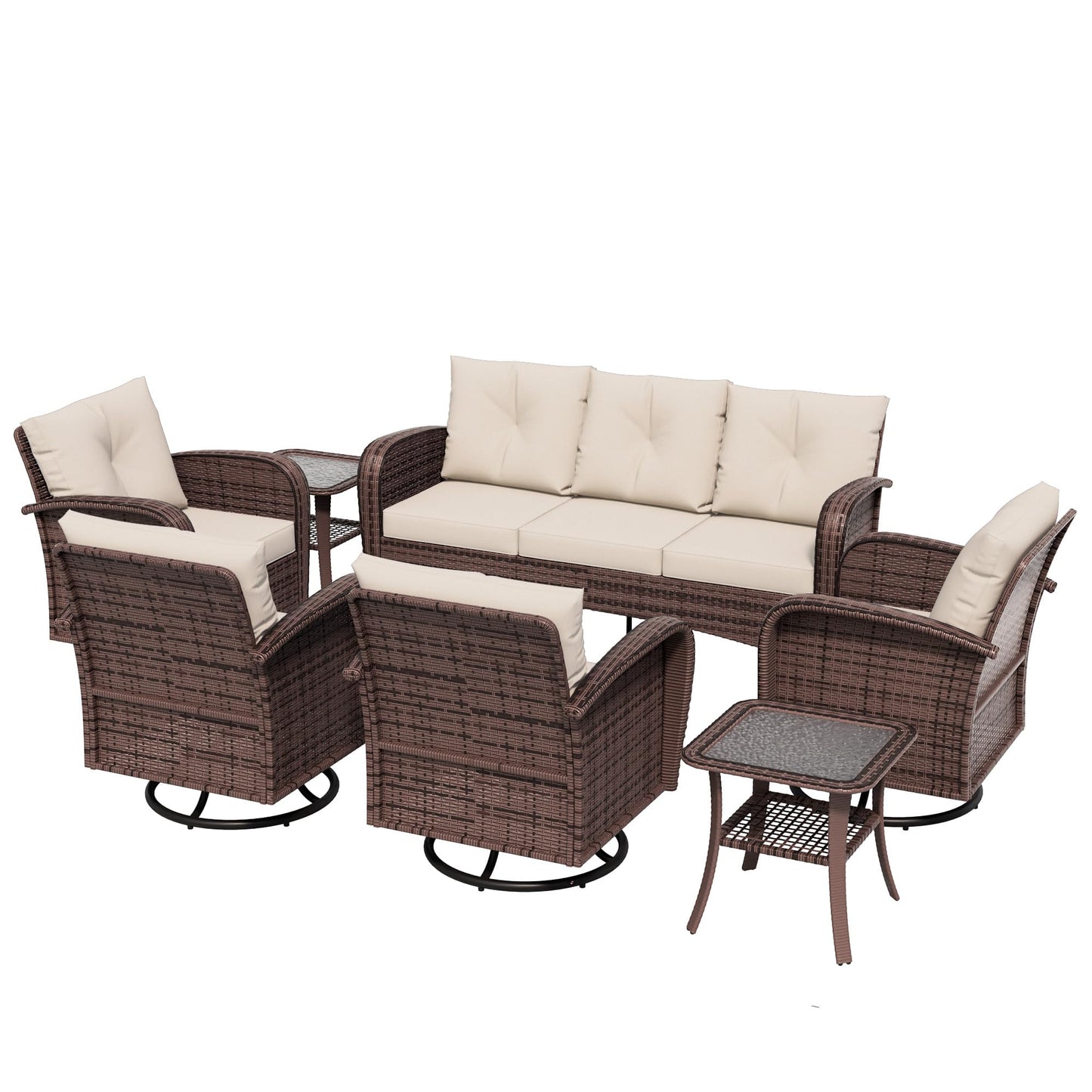 4 Piece Patio Conversation Set - 2 Swivel Chairs 1 Coffee Table 3-Seater Sofa, PE Wicker & Steel Patio Furniture with Heavy-Duty Steel Frame,Weatherproof Cushions, Red