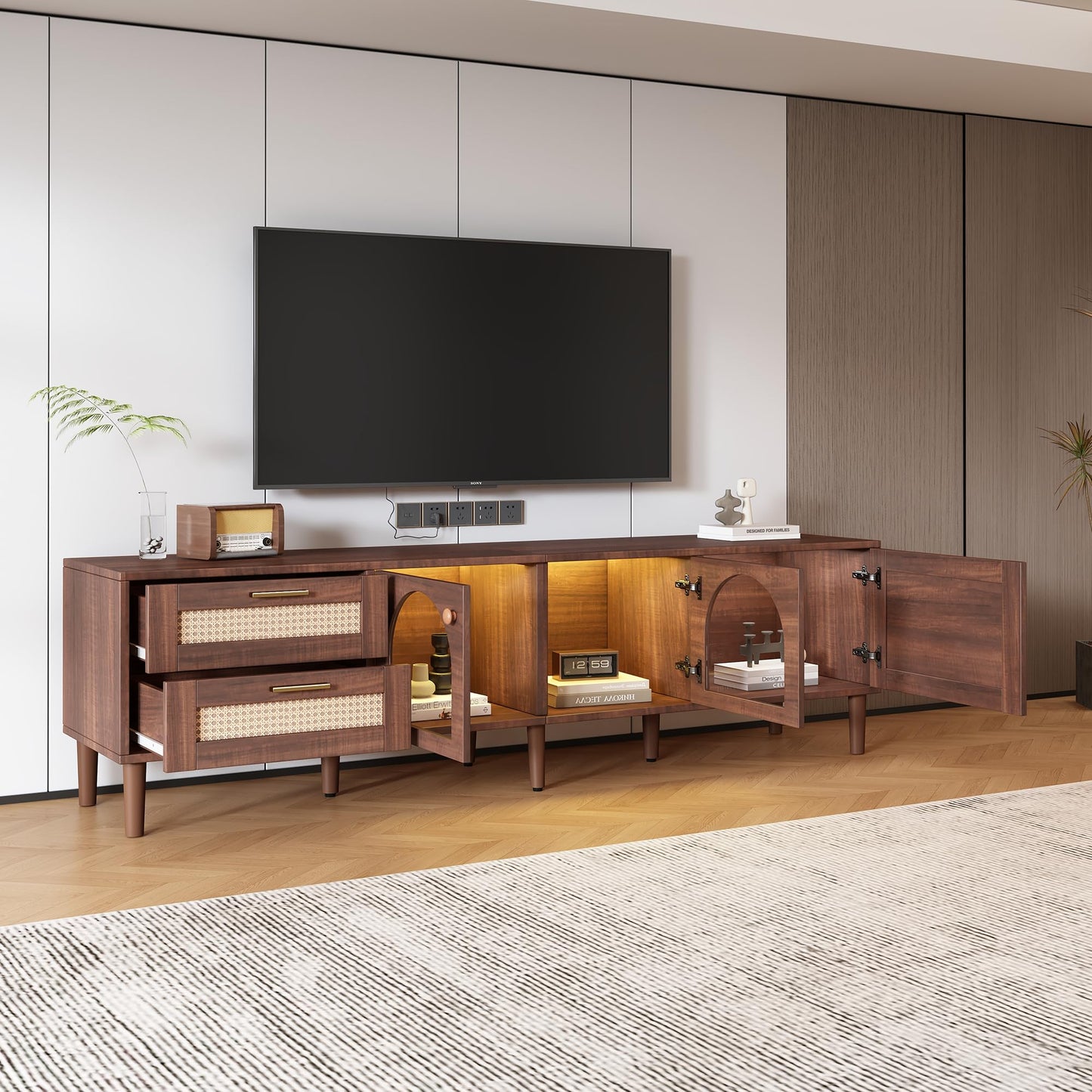 LKTART 67" Mid Century Modern TV Stand for 65/70/75/80" TVs,Entertainment Center with Sliding Doors and Drawers,Media Console for Living Room