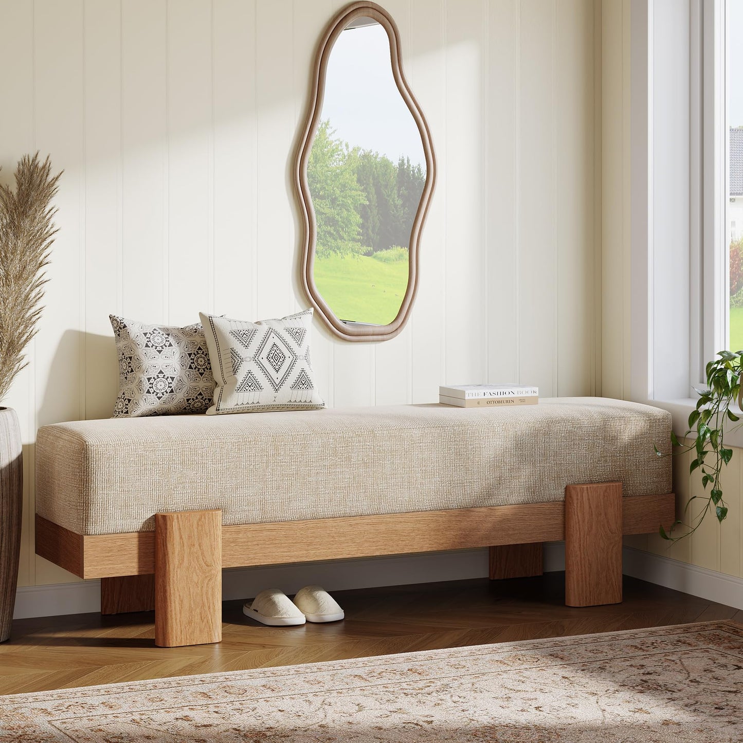 Tribesigns 55-Inch Upholstered Entryway Bench, Modern Shoe Bench with Ultra-Plush Thick Cushion and MDF Frame, End of Bed Stool Long Ottoman for Entrance, Living Room (Beige & Oak)