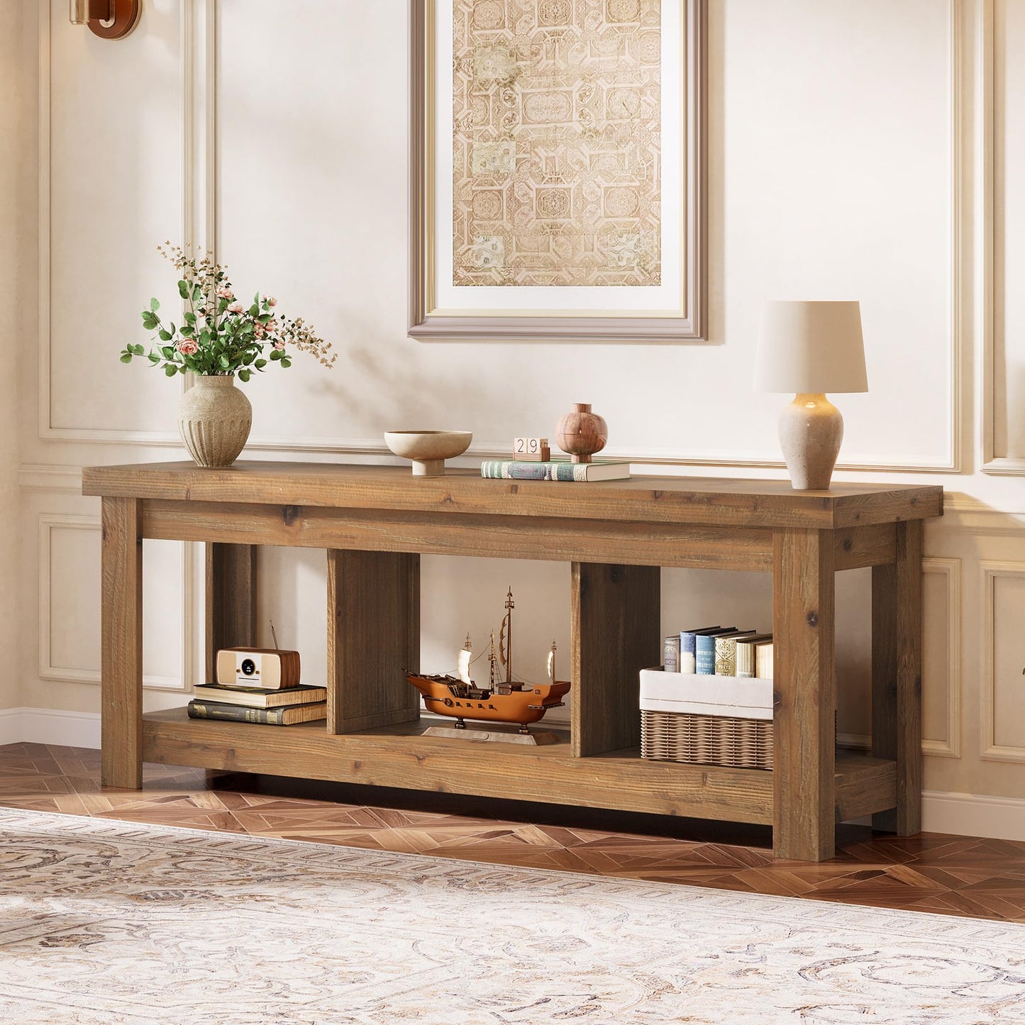 Solid Wood Console Table, 63-Inch Entryway Table with Storage, Long Wooden Sofa Table Behind Couch for Entryway, Hallway, Foyer, Living Room, Natural Wood
