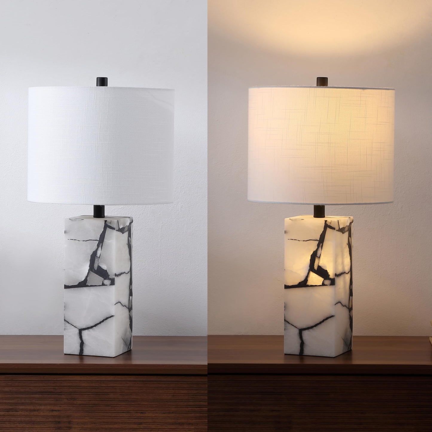 JONATHAN Y 24.25" Black/White Modern Alabaster LED Table Lamp for Home Decor, White Linen Shade, Coastal Nightstand Lamp with Built-in Base Accent Light (JYL8507A)