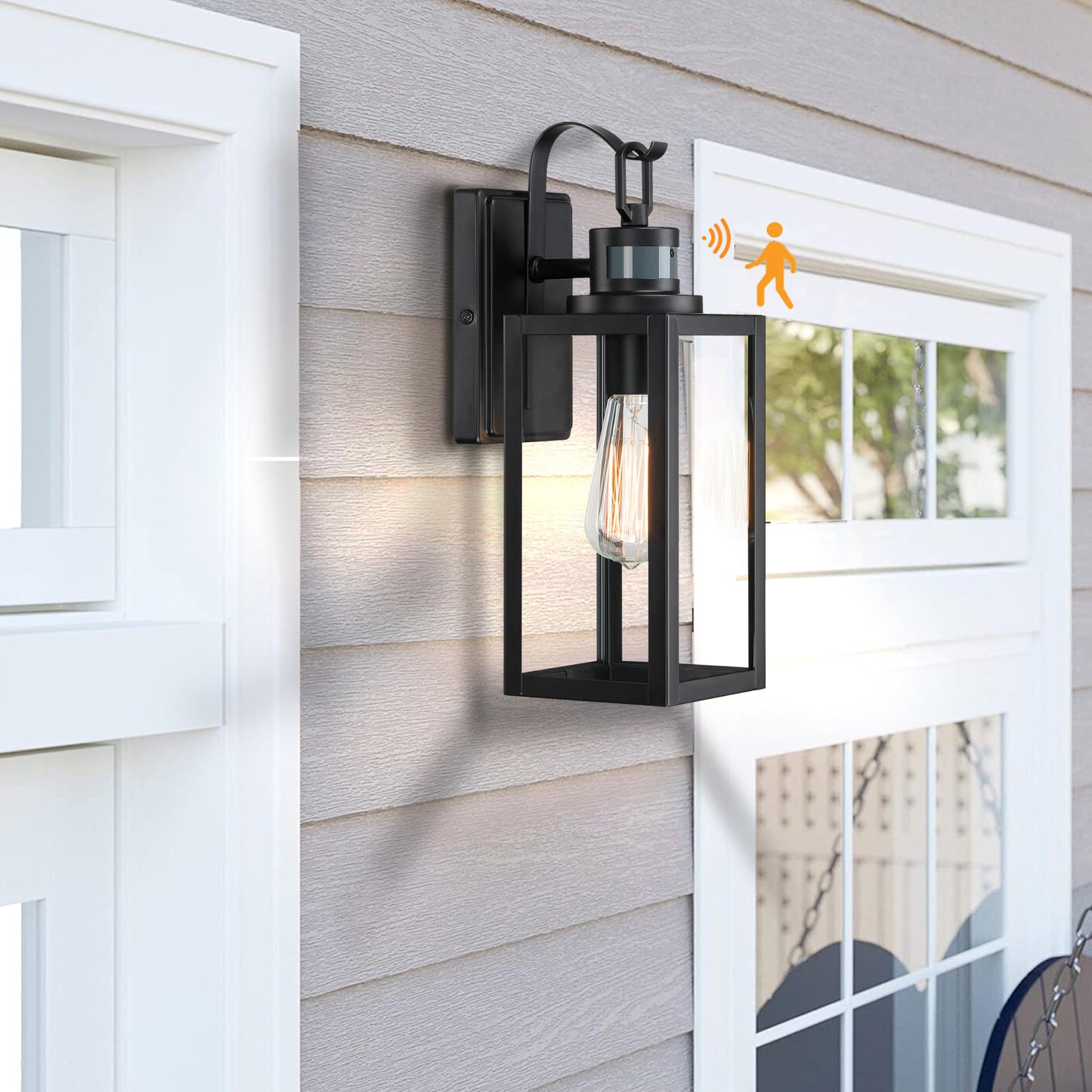 18 Inch Dusk to Dawn Outdoor Wall Light Fixtures, Large Exterior Waterproof Light Fixtures, Black Modern Porch Lights with E26 Sockets & Glass Shades, Wall Sconces for Patio, Garage, Front Door