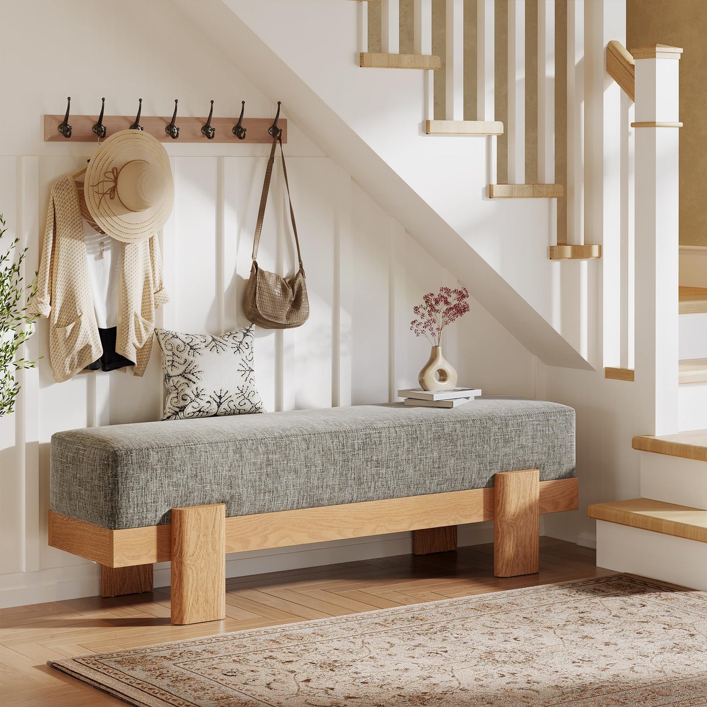 Tribesigns 55-Inch Upholstered Entryway Bench, Modern Shoe Bench with Ultra-Plush Thick Cushion and MDF Frame, End of Bed Stool Long Ottoman for Entrance, Living Room (Beige & Oak)