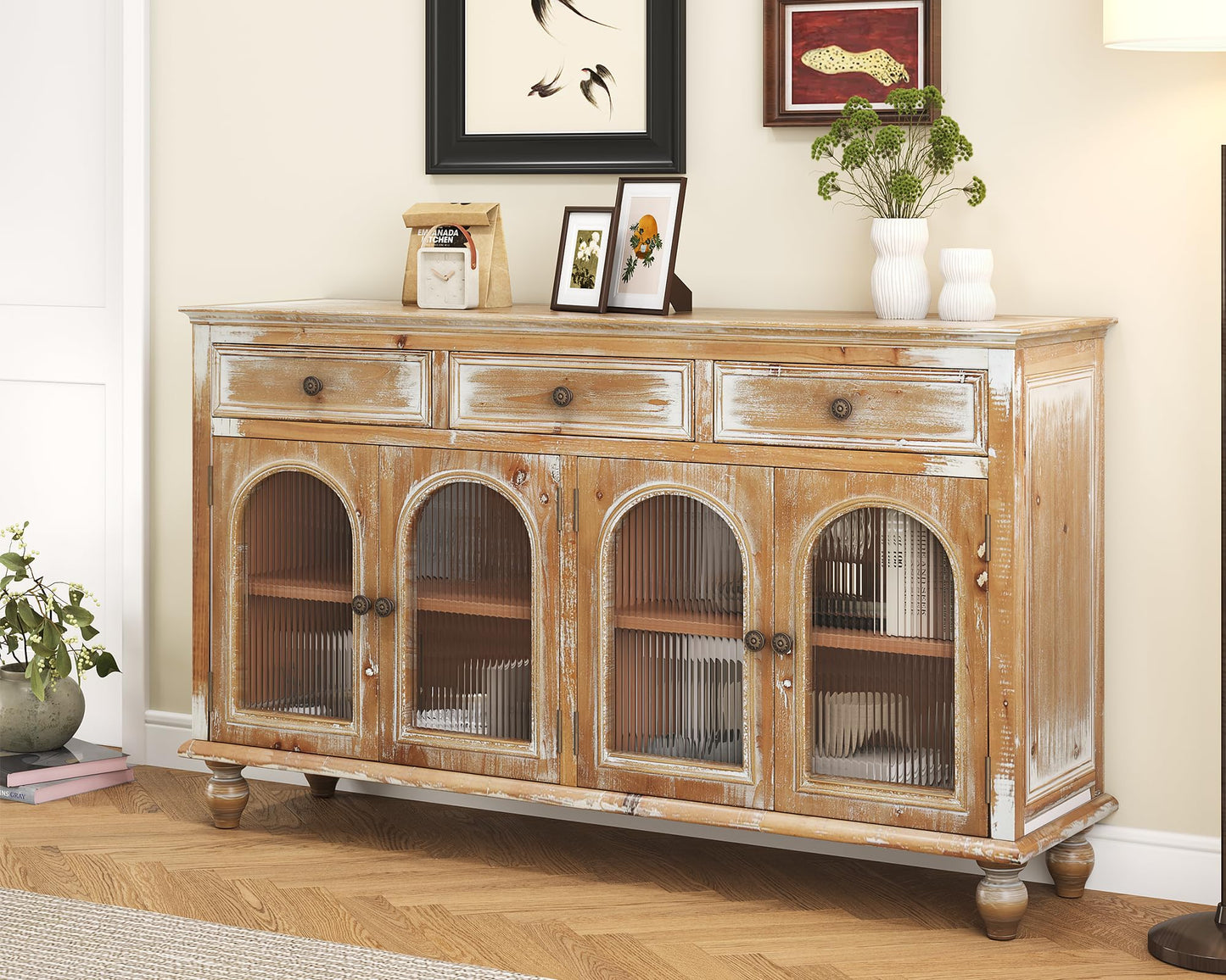 LKTART 60" Farmhouse Sideboard Buffet,Solid Fir Wood Frame with Hollowed-Out Carved Doors,Hand-Distressed Design,Versatile Storage Cabinet for Kitchen, Living Room,Natural Wood