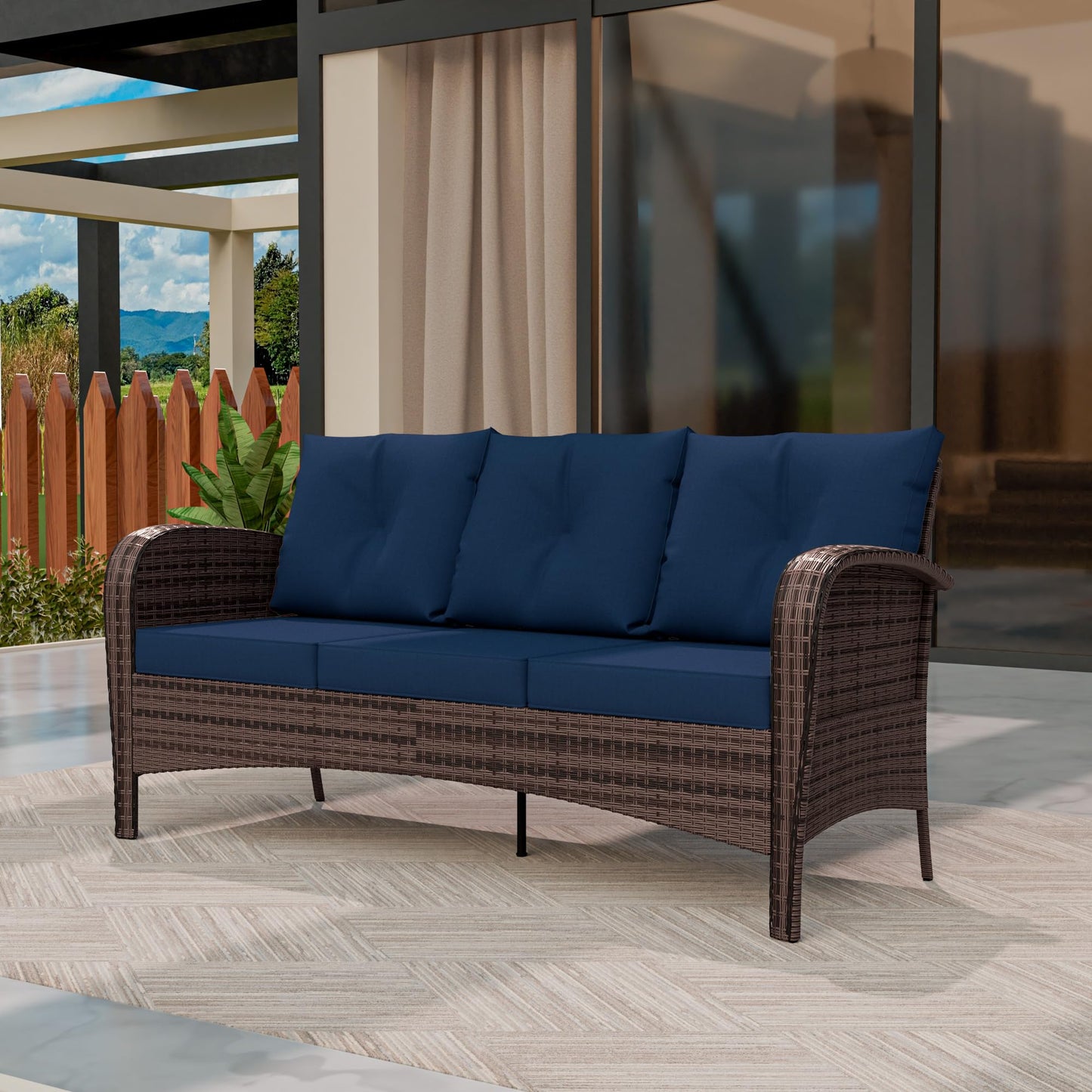 4 Piece Patio Conversation Set - 2 Swivel Chairs 1 Coffee Table 3-Seater Sofa, PE Wicker & Steel Patio Furniture with Heavy-Duty Steel Frame,Weatherproof Cushions, Red