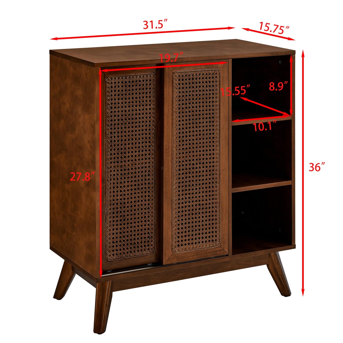 LKTART Mid Century Modern Storage Cabinet with Rattan Sliding Doors and Open Shelves, Boho Style Wooden Sideboard Buffet for Living Room,Dark Walnut
