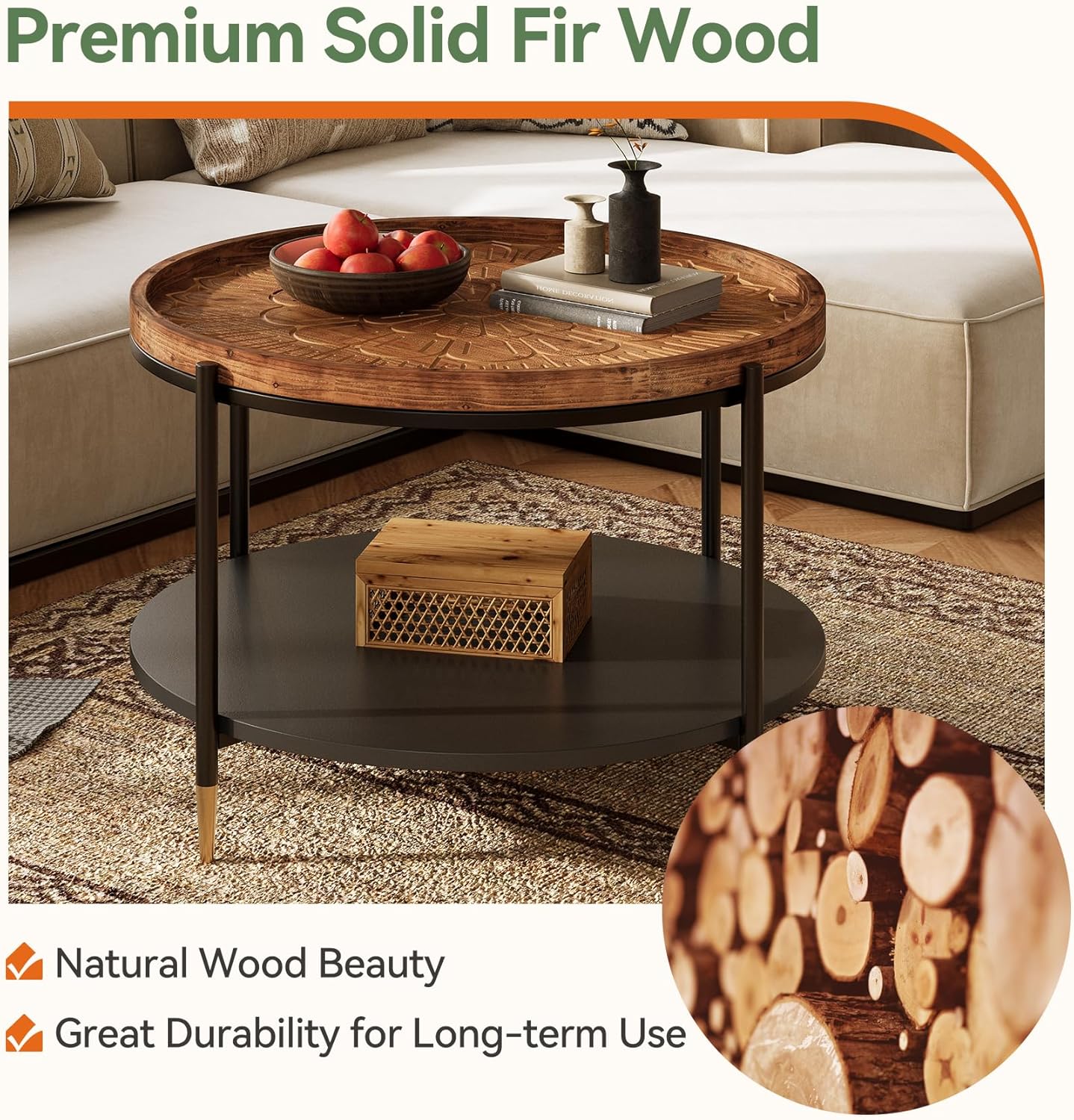 Solid Wood Round Coffee Table, 31.5-Inch Boho Center Tea Table with Metal Storage Frame & Carved Floral Pattern, Living Room Coffee Table Furniture for Small Spaces, Apartment, Rustic Brown