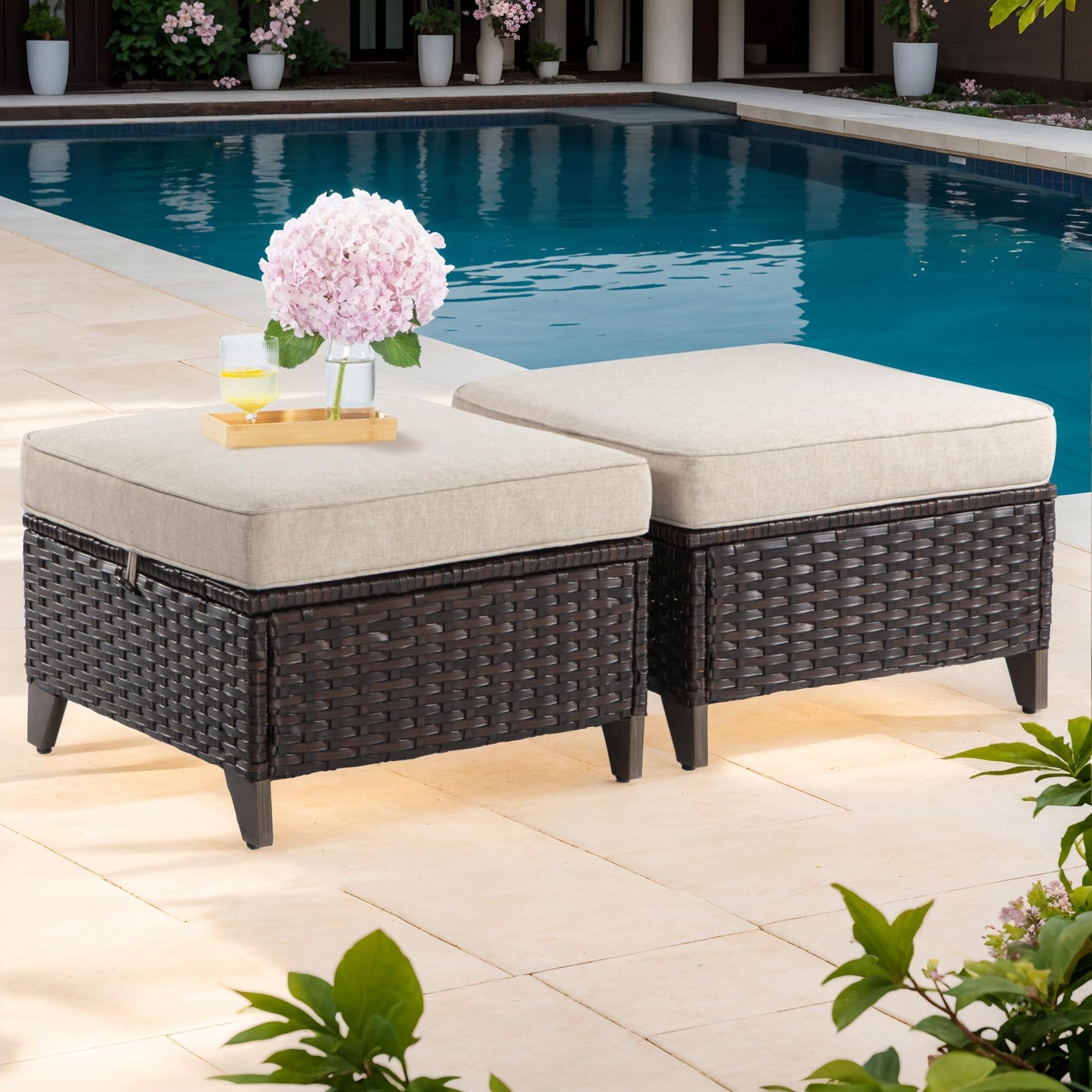 Joyside Patio Sofa - 3 Seater Rattan Sofa, All Weather High Back Sofa, Upgraded Large Size with 4inch Seat Cushions for Backyard, Garden, Poolside (Brown/Blue)