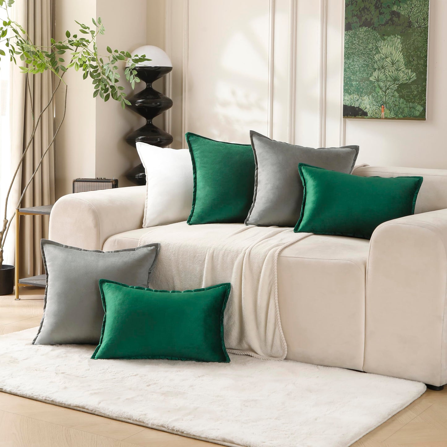 VAKADO Throw Pillow Covers 18x18 Set of 2 Olive Green Velvet Decor Decorative Couch Cushion Euro Xmas Pillowcases with Fringe Home Bed Decoration for Sofa Bedroom Office