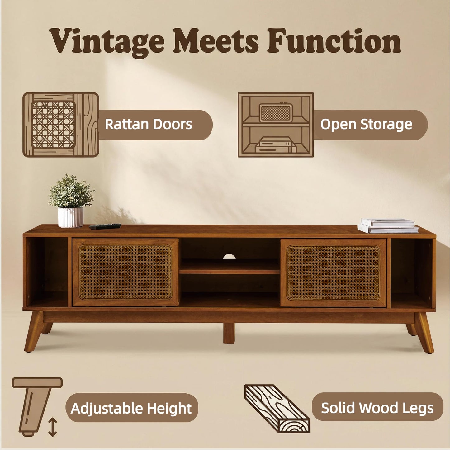 LKTART Mid Century Modern Rattan TV Stand for 65 Inch TV,59" Boho Media Console with Sliding Doors & Open Shelves,Solid Wood Legs for Living Room,Light Walnut