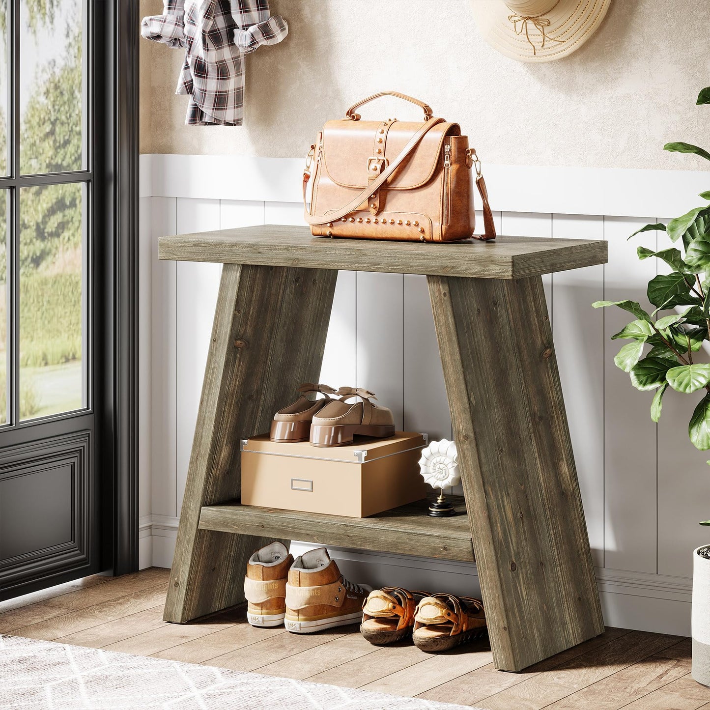 Solid Wood End Table for Living Room, Narrow Small Side Table with 2-Tier Storage, Farmhouse Bedside Nightstand for Bedroom, Small Places, Rustic Brown (1PCS)