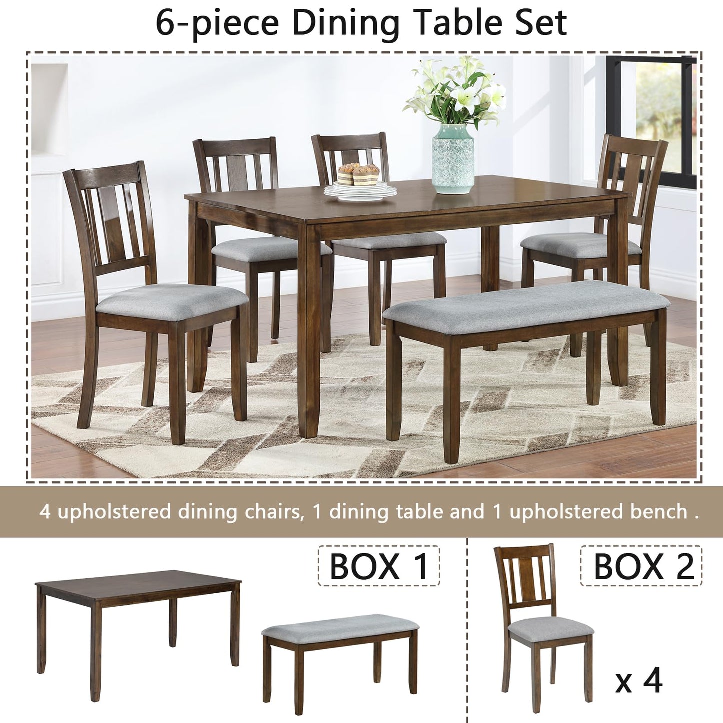 LKTART 6 Piece Kitchen Dining Set, 58.5" Rectangular Wooden Dinner Table with 4 Upholstered Chairs and a Bench for Living Room, Home Bar and Kitchen, Walnut