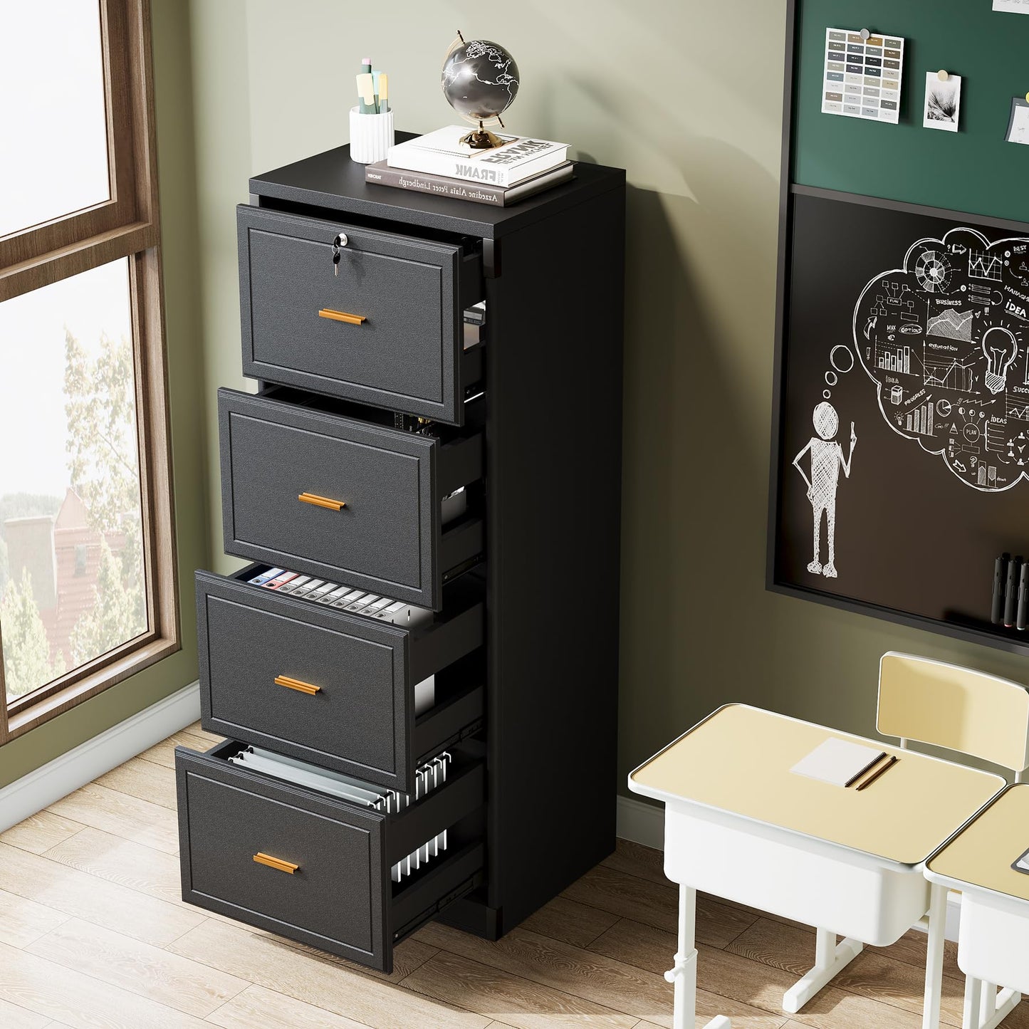 Tribesigns 4-Drawer File Cabinet with Lock, Locked File Cabinet with Key, Tall Wooden Filing Cabinets for Home Office, Vertical Office Storage for Legal Size/Letter/A4/Files, Brown