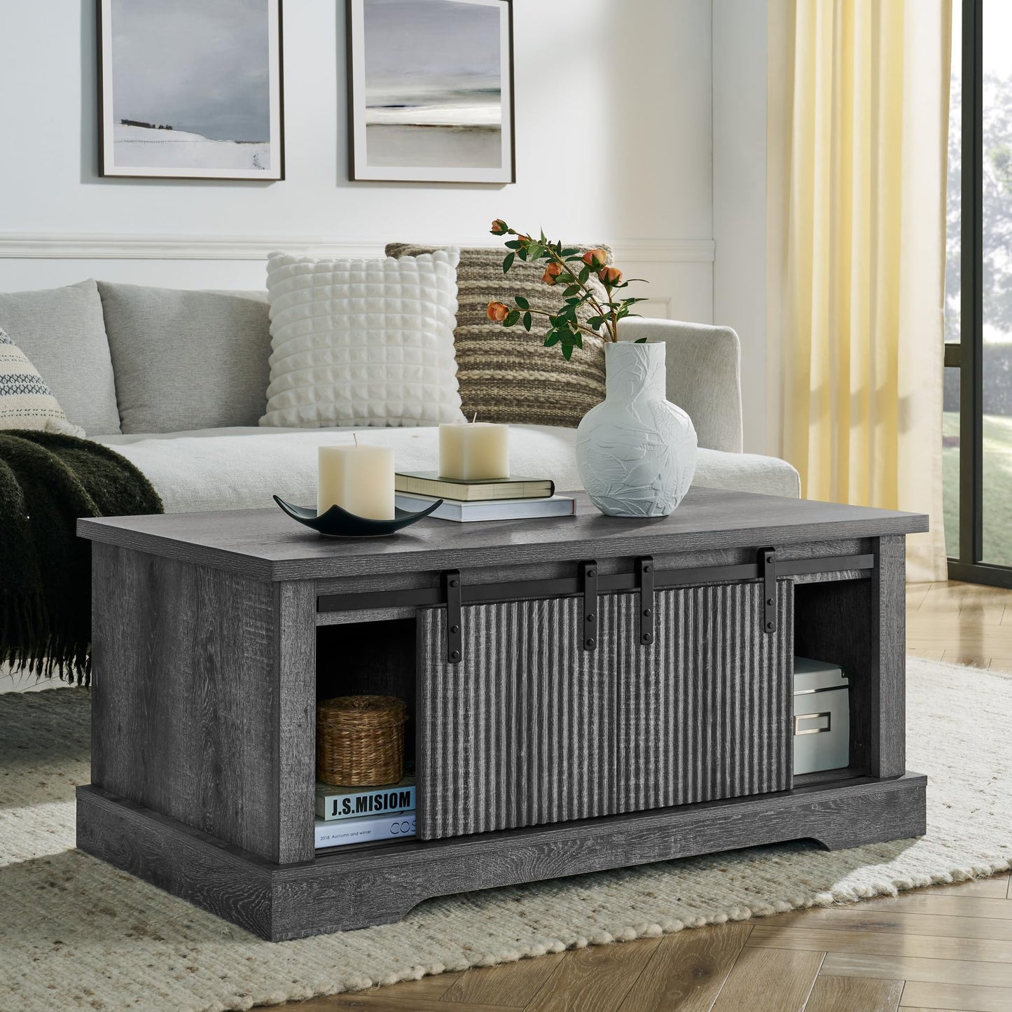 LKTART Farmhouse Coffee Table with Storage and Sliding Barn Door, Rustic Rectangular Center Table for Living Meeting Room,Office (41.3" W x 23.3" D)