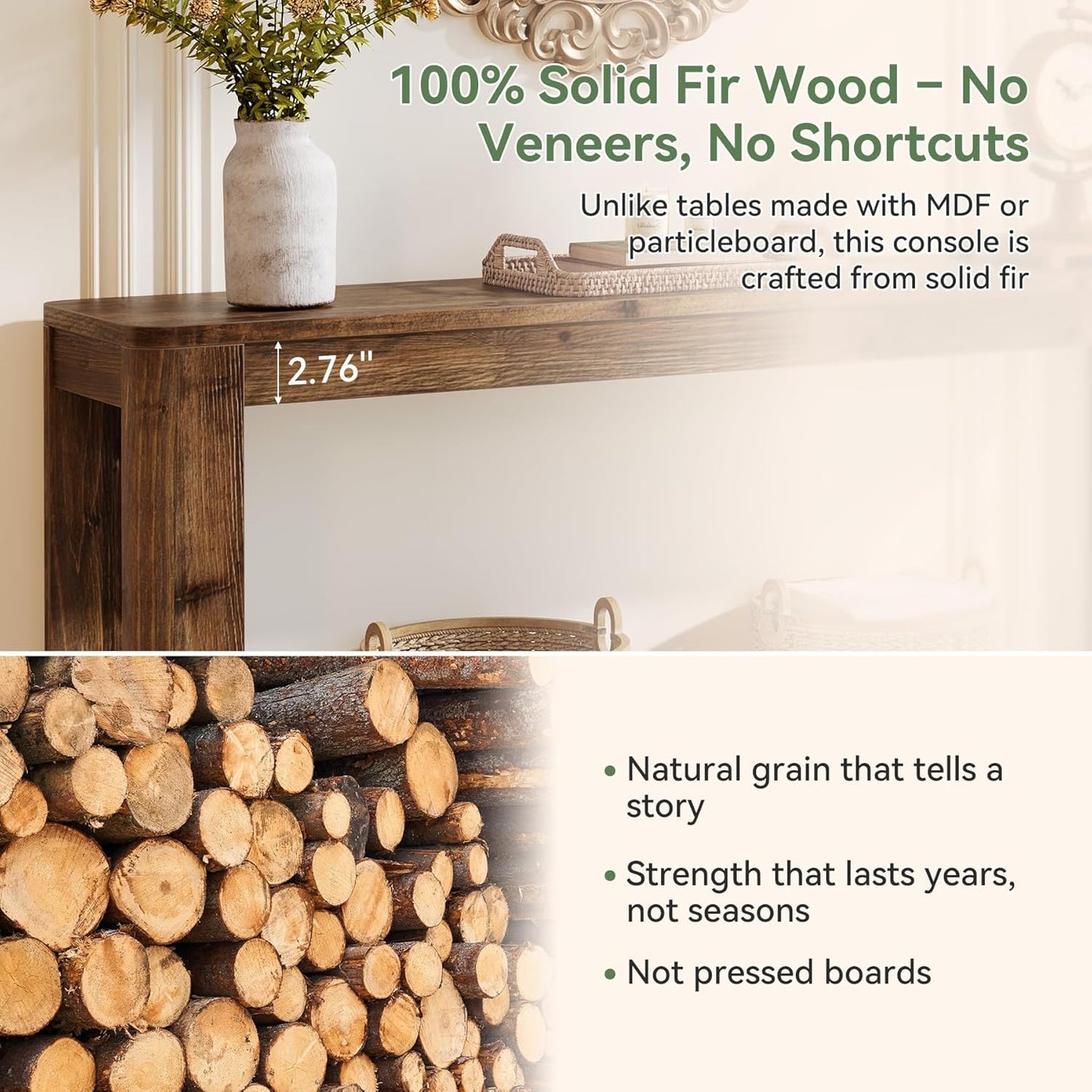 Solid Wood Console Table for Entryway, 63" Farmhouse Slim Sofa Table with 2-Tier Storage Shelf, Rustic Modern Narrow Hall Entry Furniture for Living Room, Entrance, Foyer, Hallway or Bedroom