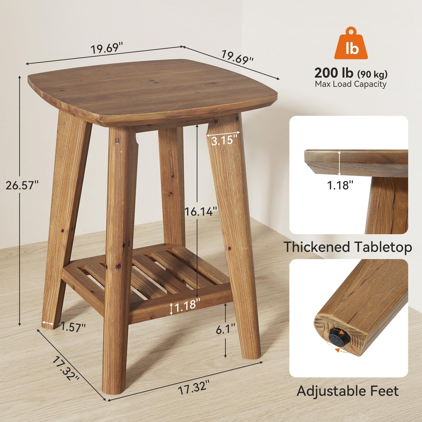 Square Side Table with 2-Tier Storage Shelf & Solid Wood Material, 19.68" Wood End Table for Living Room, Sofa Side, Small Spaces – Easy Assembly, Space-Saving Design (2PCS)