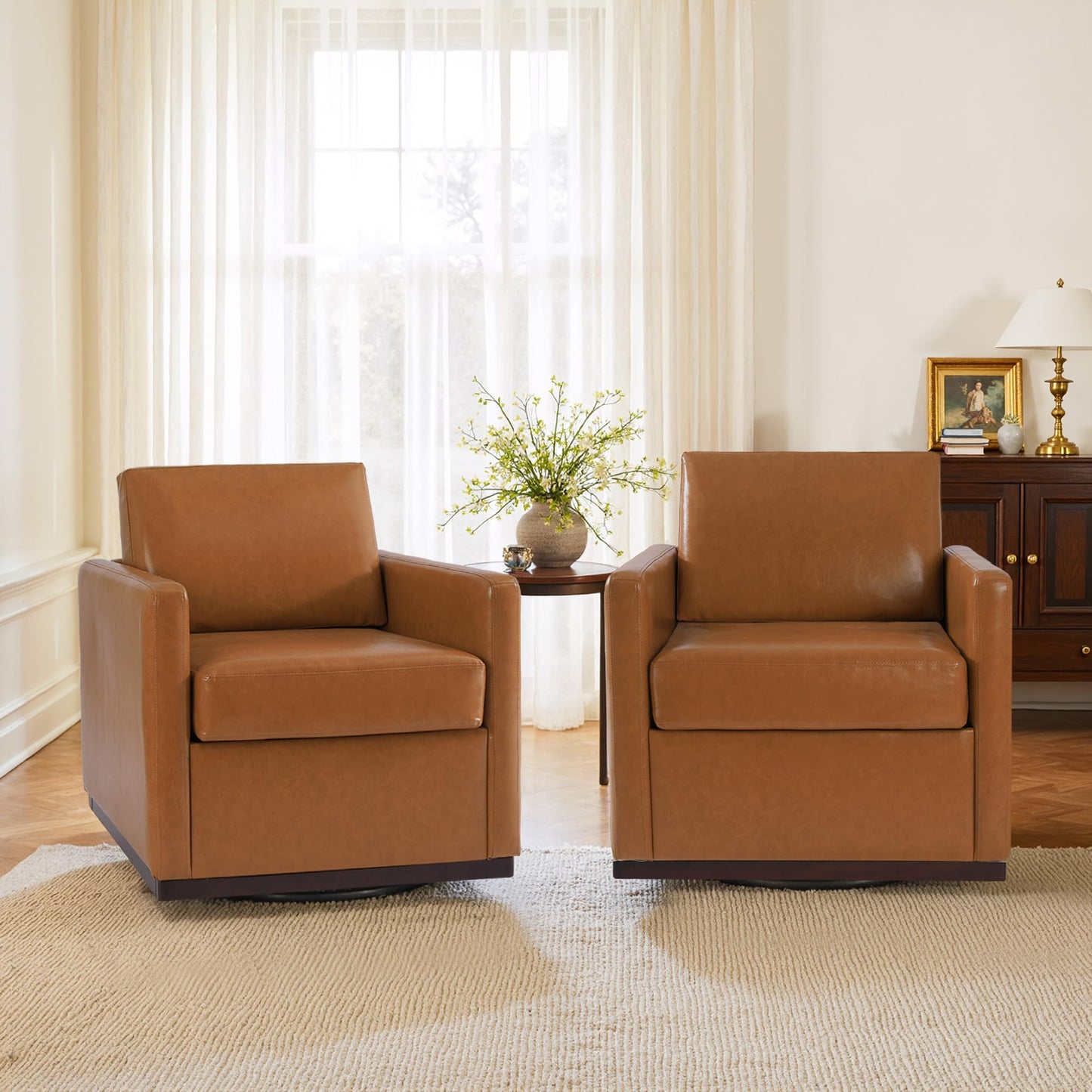 Faux Leather Swivel Accent Chairs Set of 2, 360° Swivel Upholstered Club Armchairs for Living Room, 31" Wide Square Single Sofa Reading Chair with Deep Seat, Metal Swivel Base, Navy