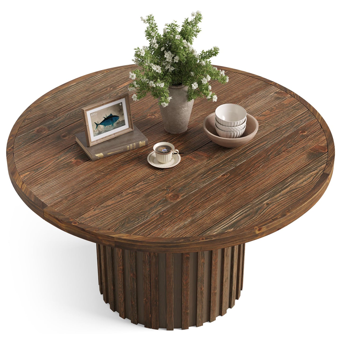 47" Solid Wood Dining Table for 4-6, Farmhouse Round Kitchen Table with Striped Pedestal Base, Circle Wooden Dining Room Furniture for Kitchen Living Room, Wood Tabletop+MDF Pedestal Base