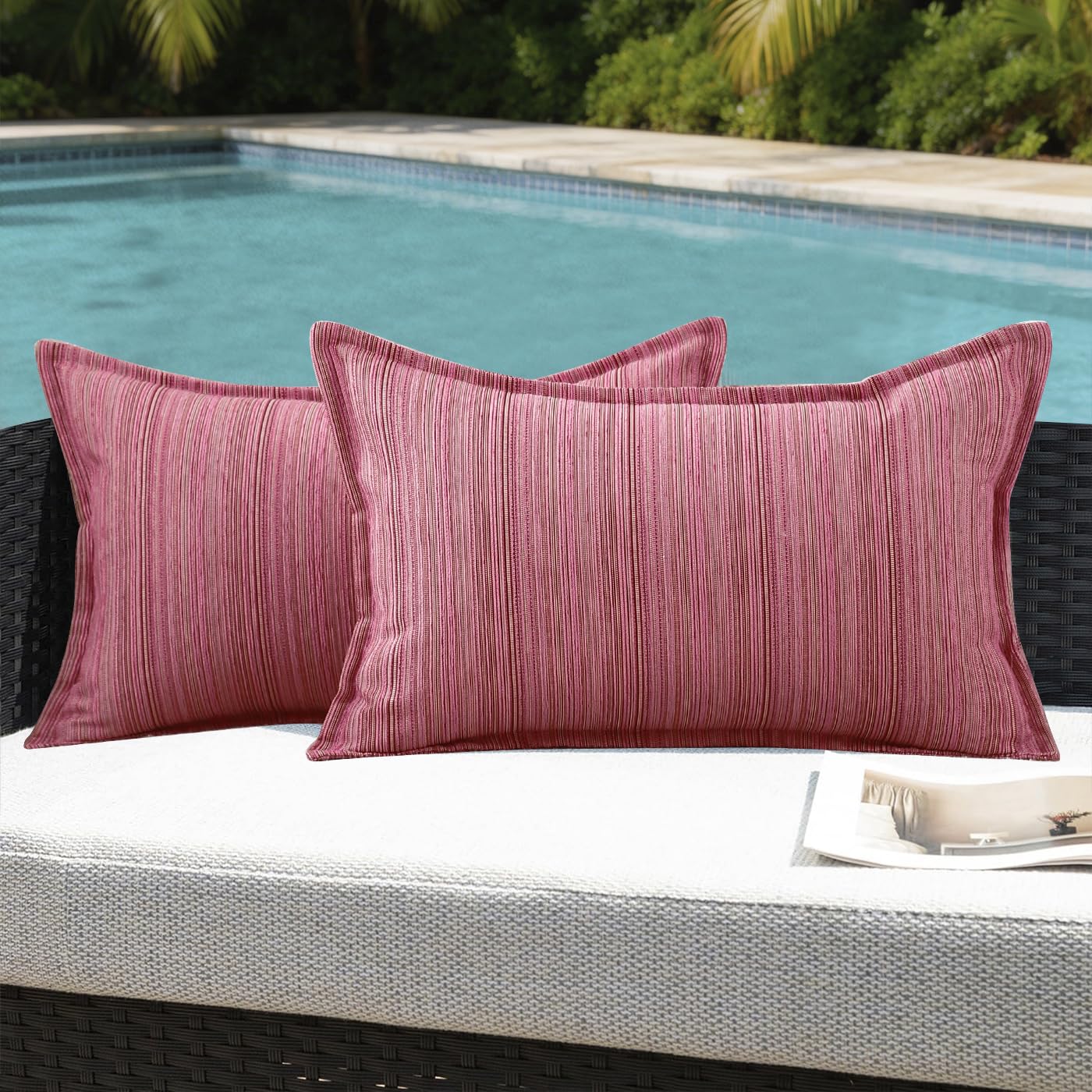 VAKADO Outdoor Waterproof Throw Pillow Covers 18x18 Set of 2,Chenille UV Decorative with Hem Patio Furniture Cushion Cases Decor for Bench Garden Tent Chair Seat Porch Couch,Stripe Beige