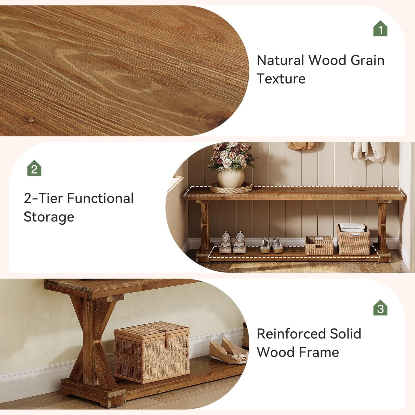 59-Inch Solid Wood Entryway Bench, 2-Tier Narrow Farmhouse Foyer Shoe Bench with Open Shelf for Hallway, Mudroom, Bedroom, Natural Brown
