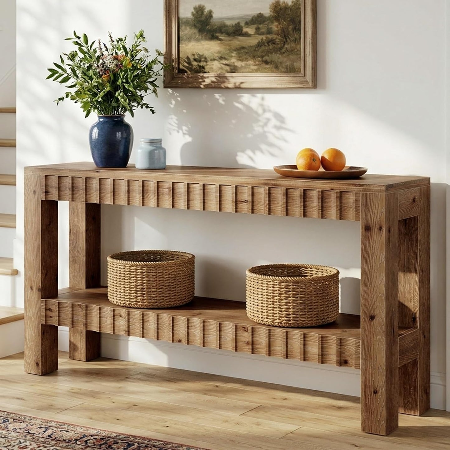 Solid Wood Console Table, 63" Farmhouse Wooden Entryway Table with Fluted Deign, 2-Tier Rectangular Narrow Sofa Table Behind Couch for Entryway, Hallway, Living Room, Rustic Brown