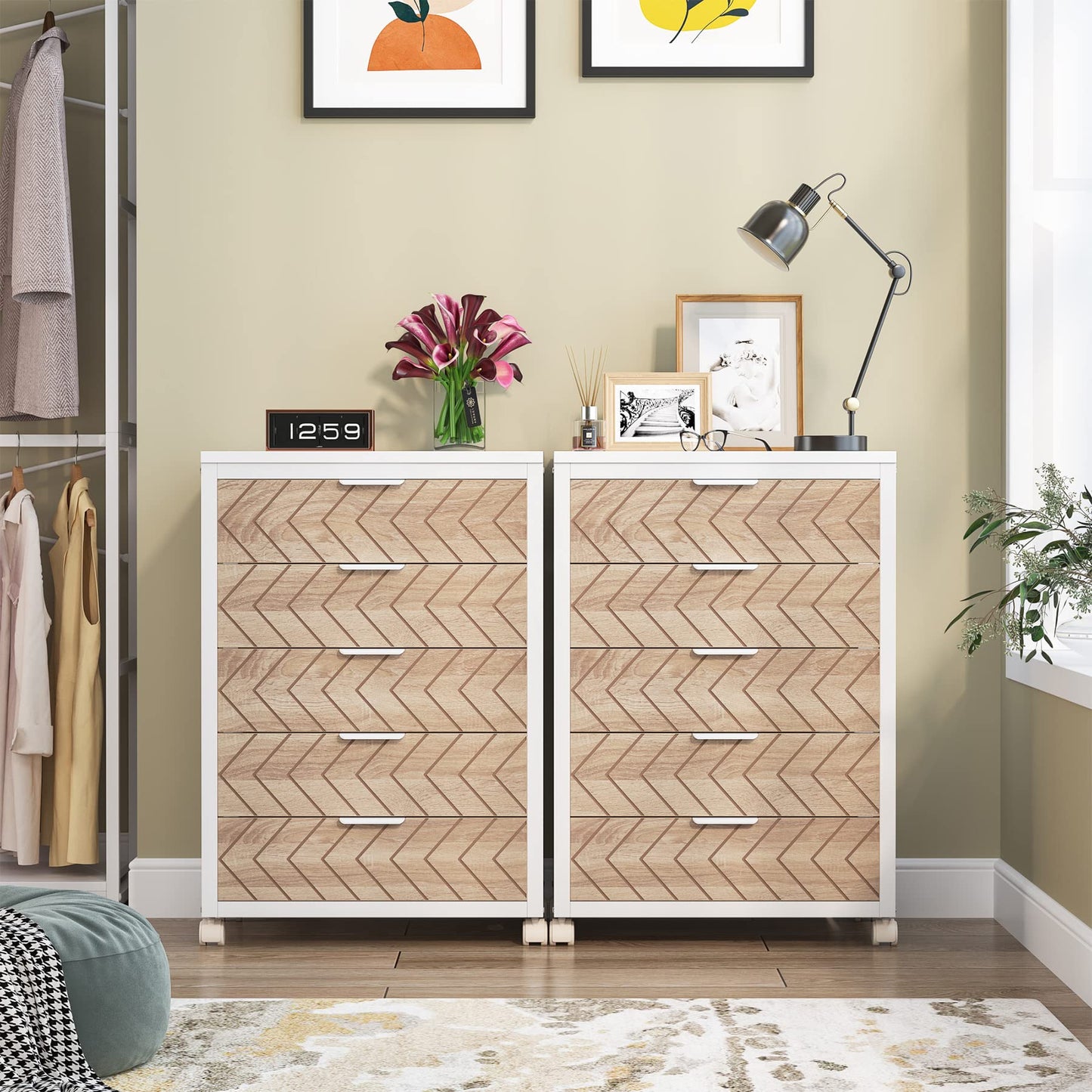 Tribesigns 5 Drawer Chest, Wood Storage Dresser Cabinet with Wheels, Industrial Storage Drawer Organizer Cart for Office Bedroom Entryway (Rustic Brown, 1 PC)
