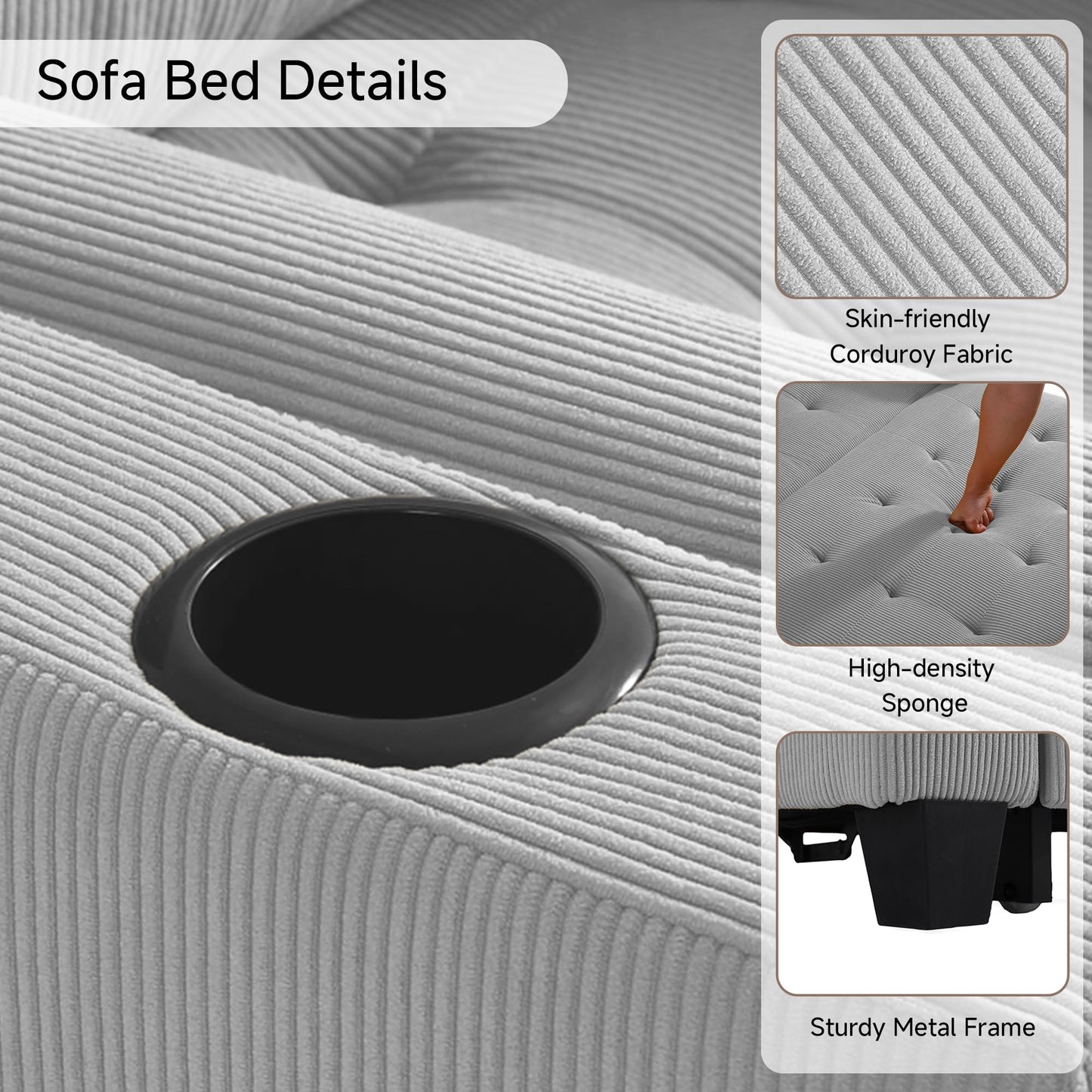 Sleeper Sofa Chair Bed, 3-in-1 Convertible Sleeper Chair with Pull Out Bed, Comfy Corduroy Sofa Bed Couch with Reclining Adjustable Backrest, USB Ports, Cup Holder, Side Pocket (Gray, 38.8")